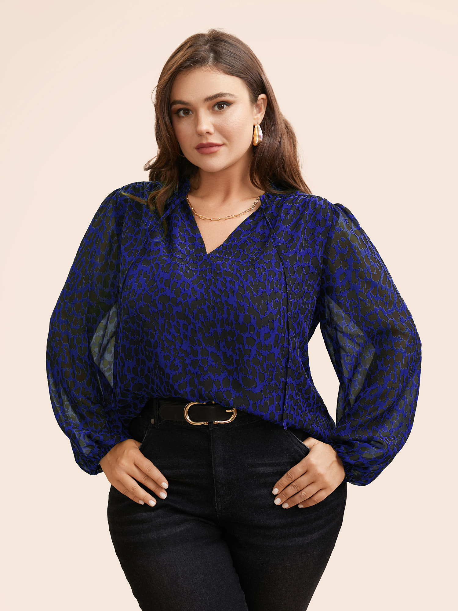 

Plus Size DarkBlue Leopard Print Tie Knot Lantern Sleeve Blouse Women Elegant Long Sleeve V-neck Everyday Blouses BloomChic