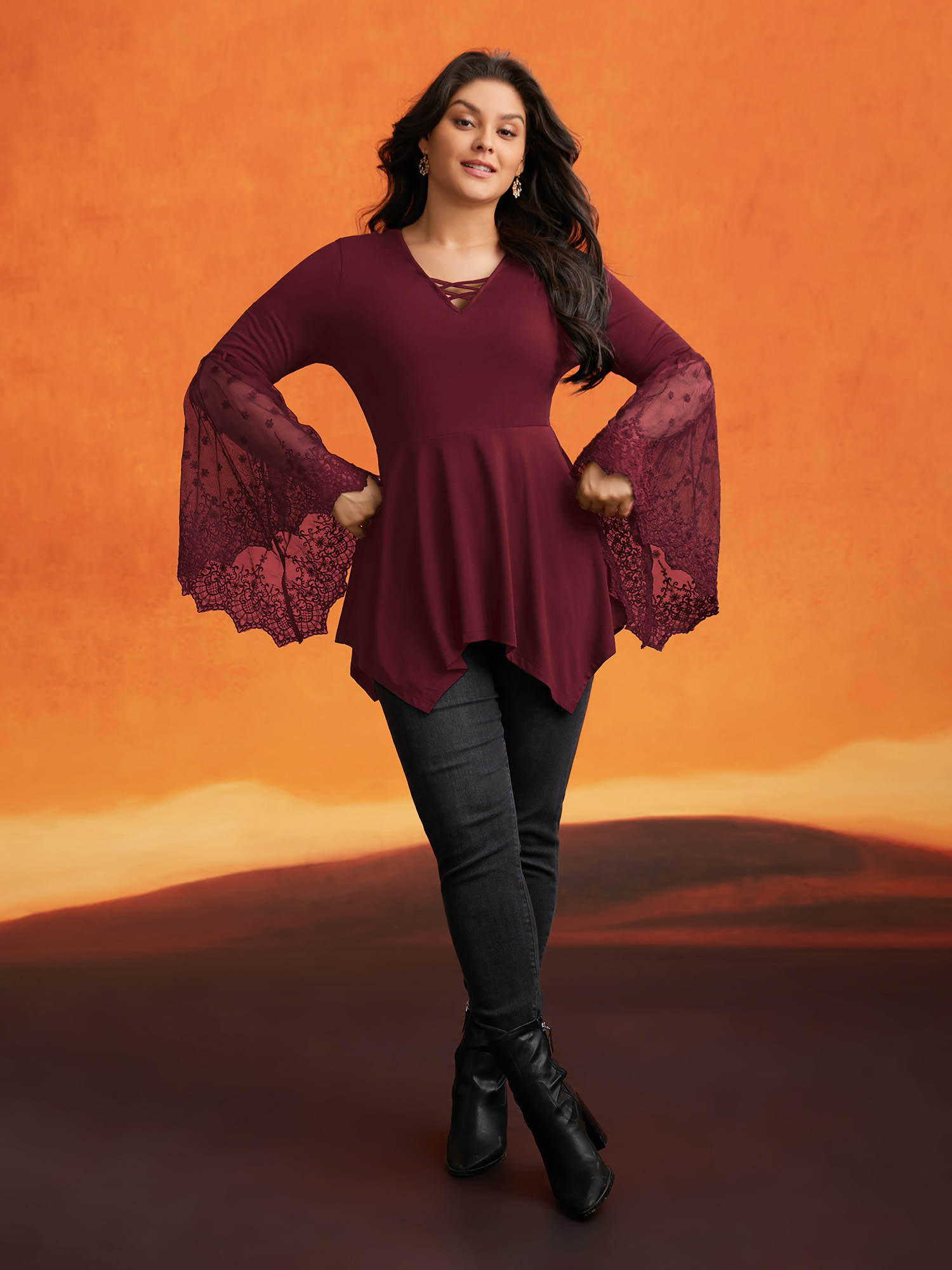 

Plus Size Cross Front Bell Sleeve Top Burgundy V-neck Long Sleeve Elegant Jersey Tops