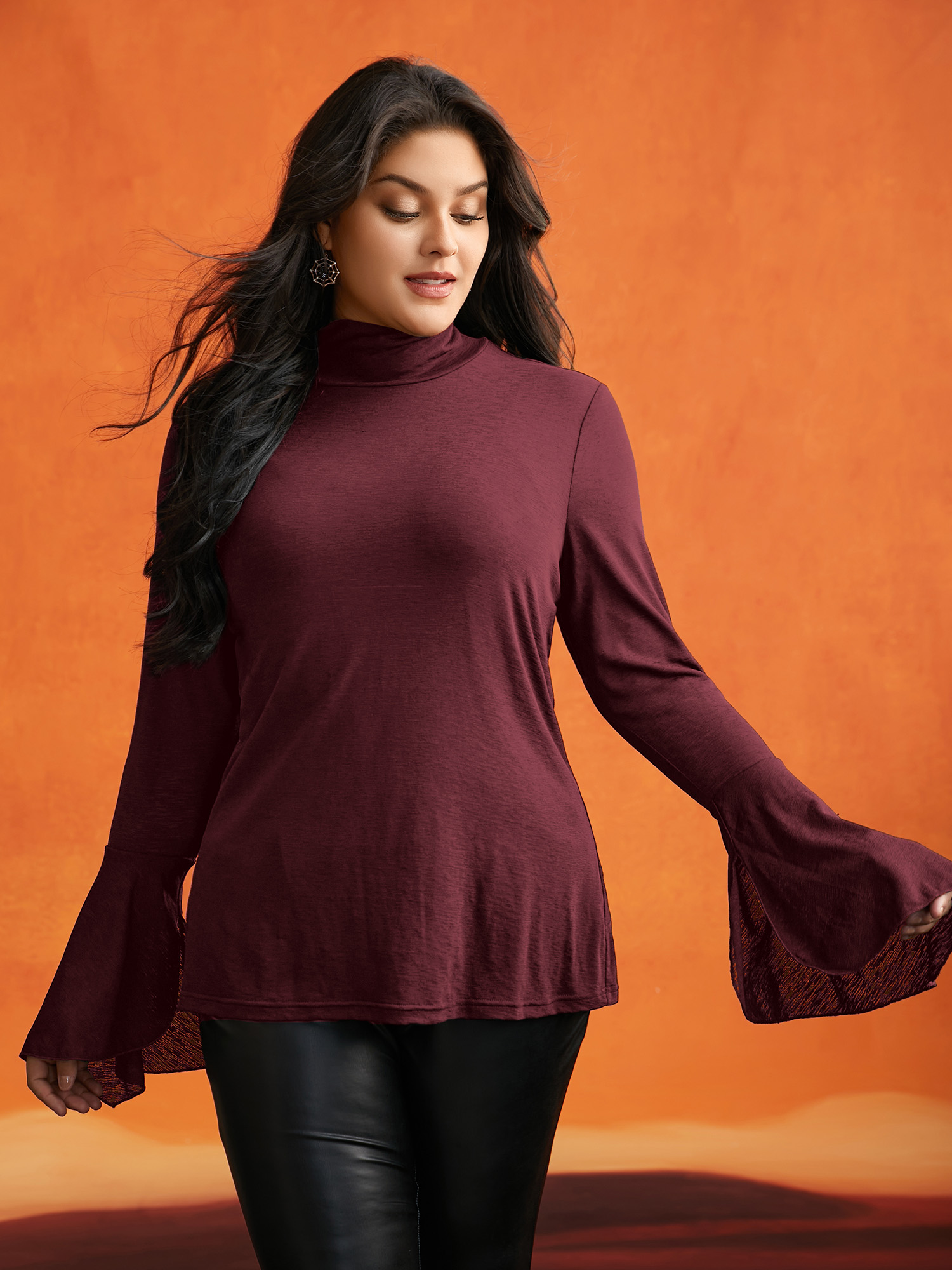 

Plus Size Bell Sleeves Turtleneck T-shirt Burgundy Women Elegant Asymmetrical Turtleneck Bodycon Everyday T-shirts BloomChic