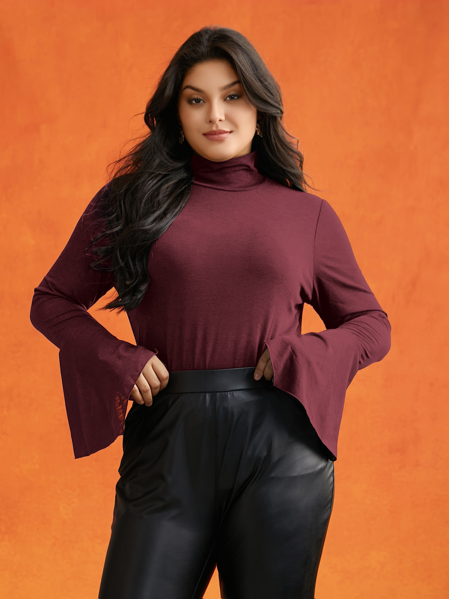 

Plus Size Bell Sleeves Turtleneck T-shirt Burgundy Women Elegant Asymmetrical Turtleneck Bodycon Everyday T-shirts BloomChic