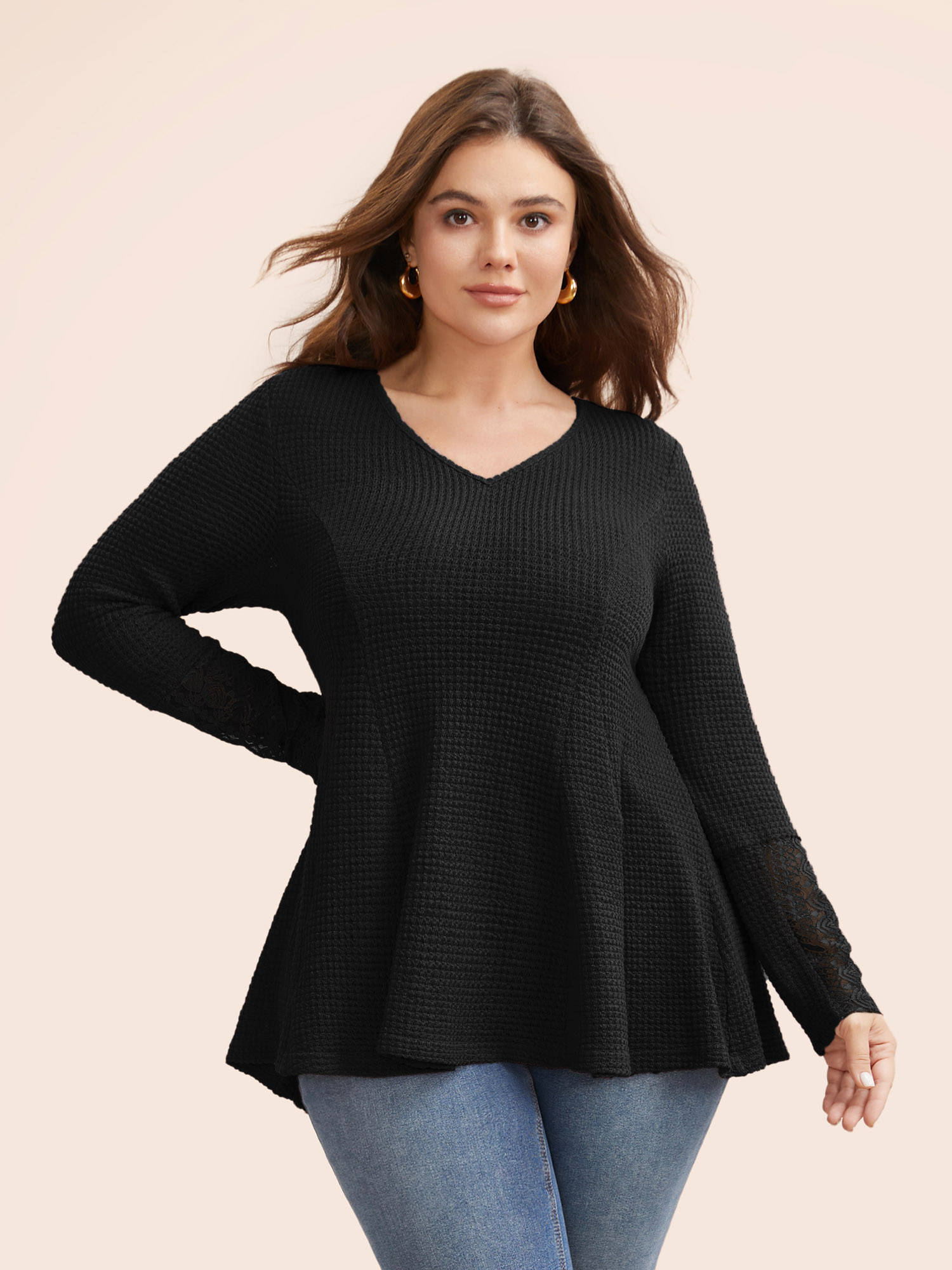 

Plus Size V Neck Lace Patchwork Texture T-shirt Black V-neck Long Sleeve Elegant Jersey Tops