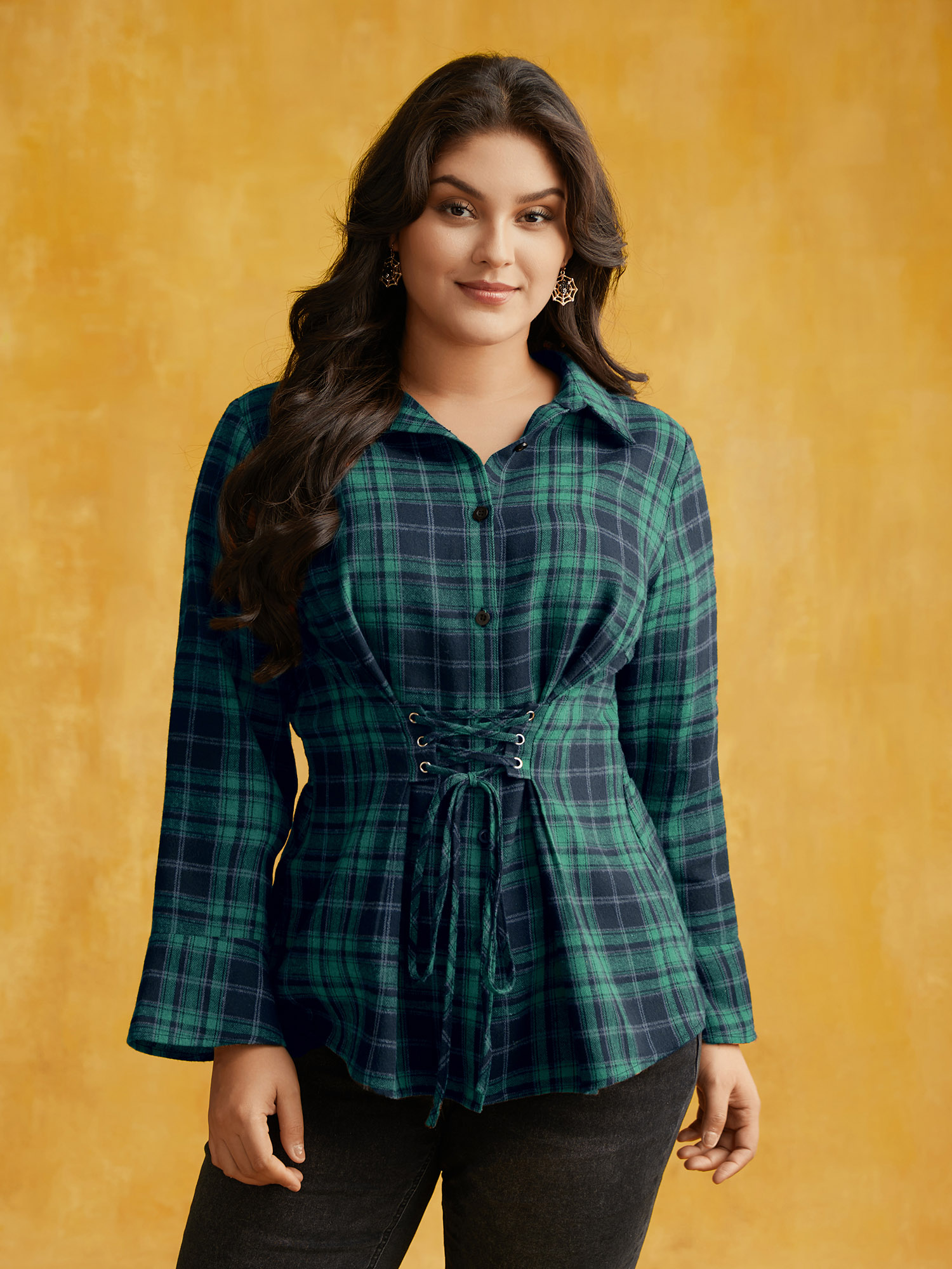 

Plus Size Emerald Corset Plaid Waist-Cinching Blouse Women Elegant Long Sleeve Shirt collar Everyday Blouses BloomChic