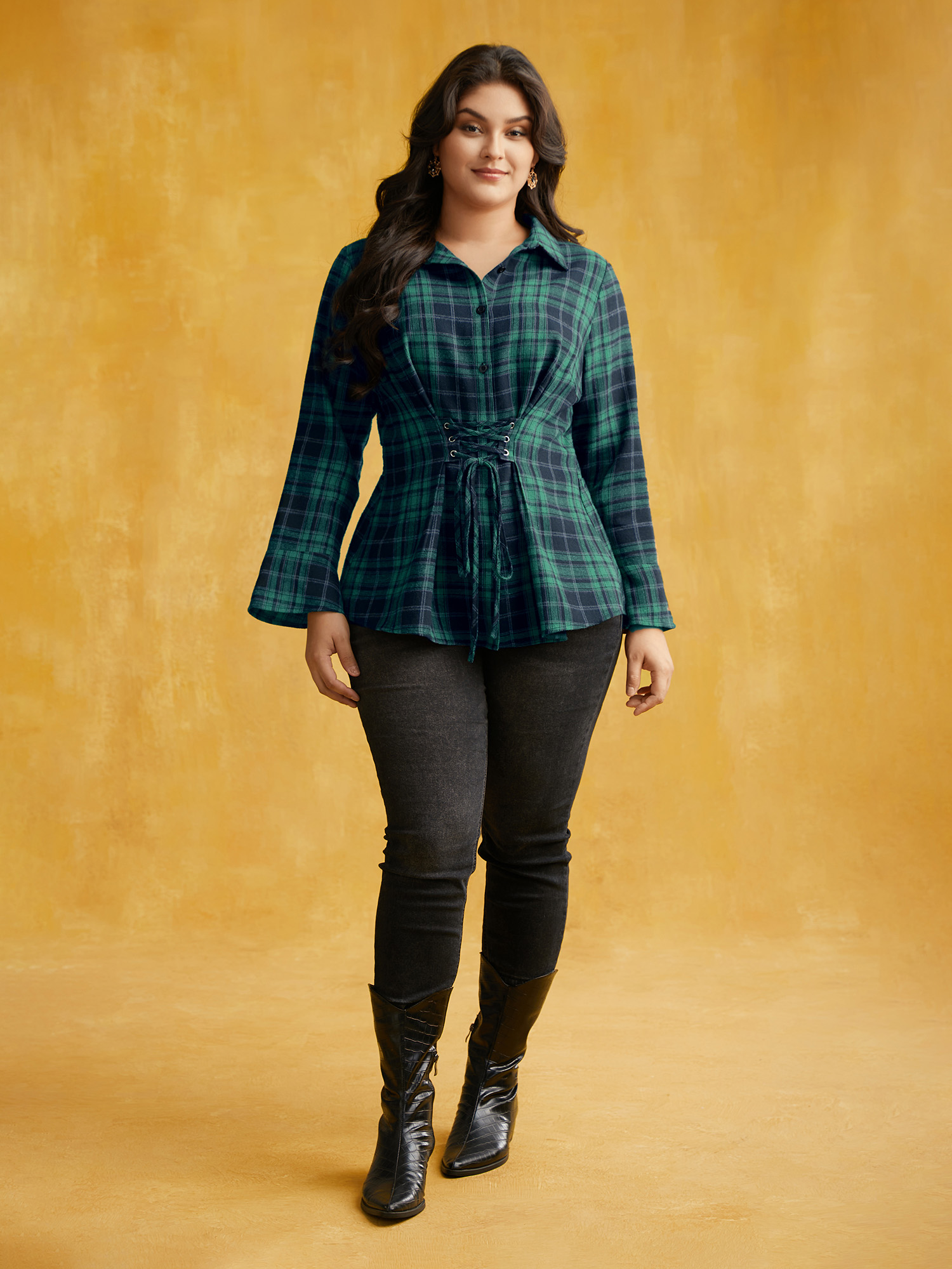Plus Size Emerald Corset Plaid Waist-Cinching Blouse Women Elegant Long Sleeve Shirt collar Everyday Blouses BloomChic 10/M 