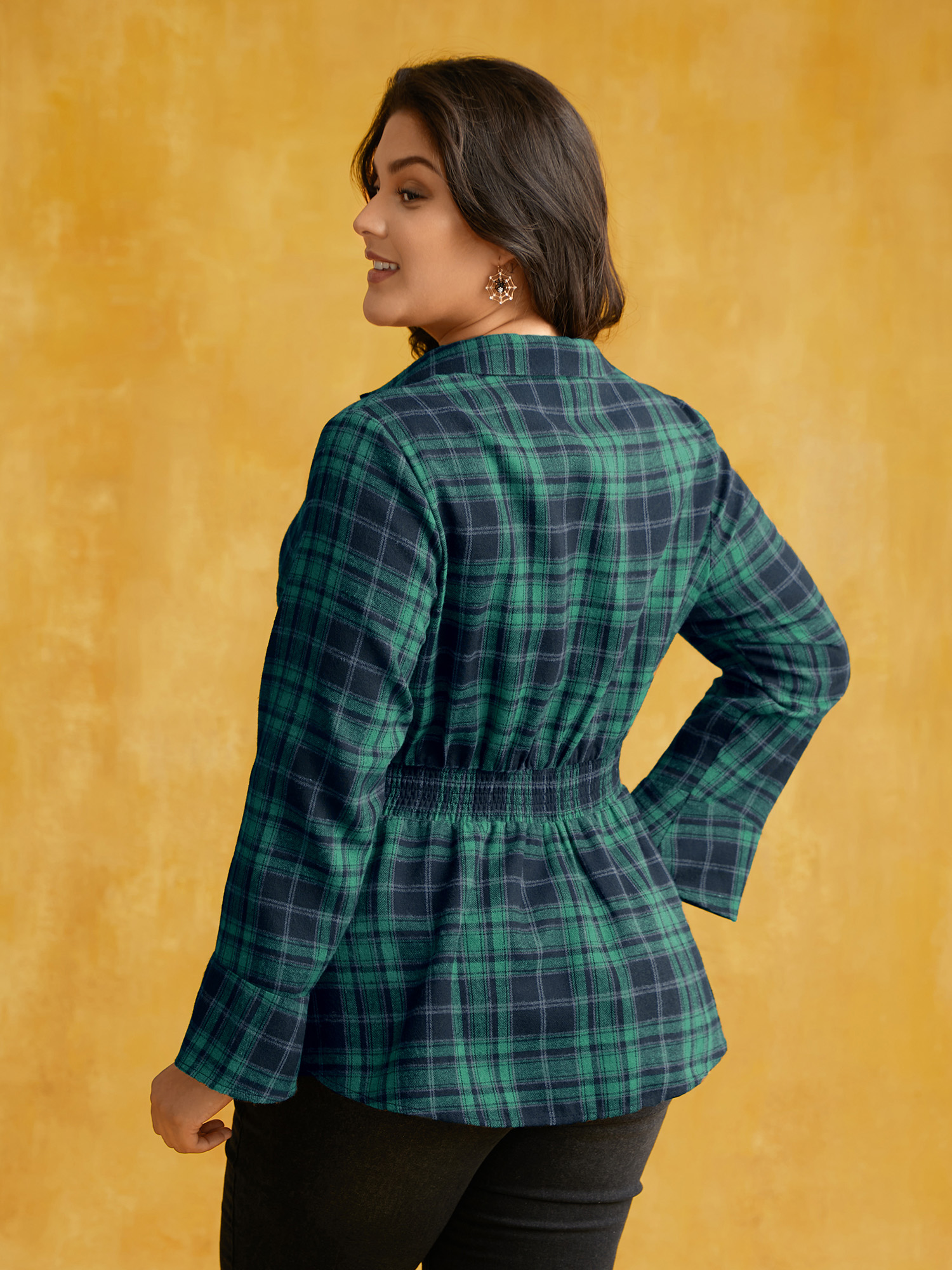 Plus Size Emerald Corset Plaid Waist-Cinching Blouse Women Elegant Long Sleeve Shirt collar Everyday Blouses BloomChic 10/M 