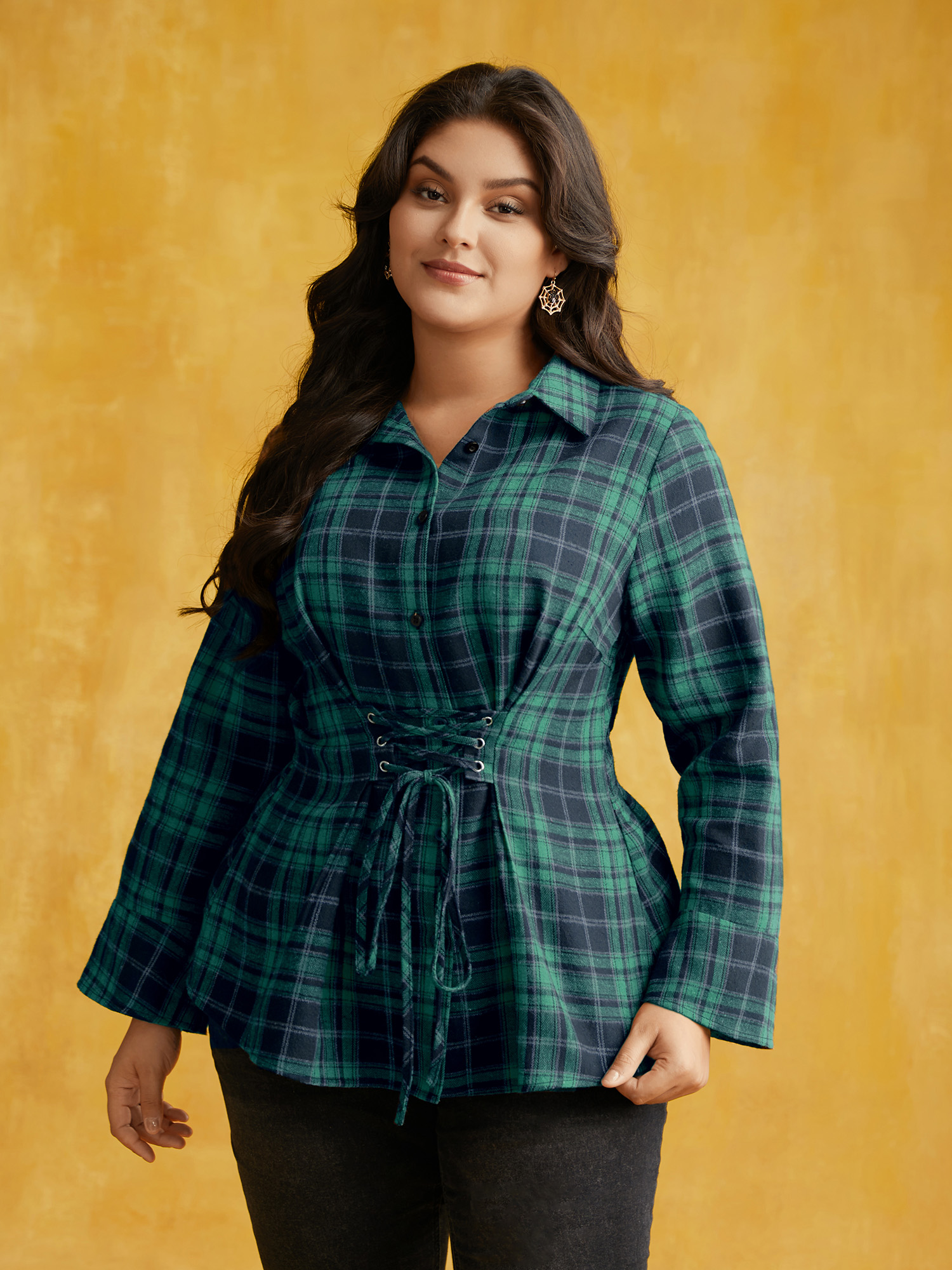 

Plus Size Emerald Corset Plaid Waist-Cinching Blouse Women Elegant Long Sleeve Shirt collar Everyday Blouses BloomChic