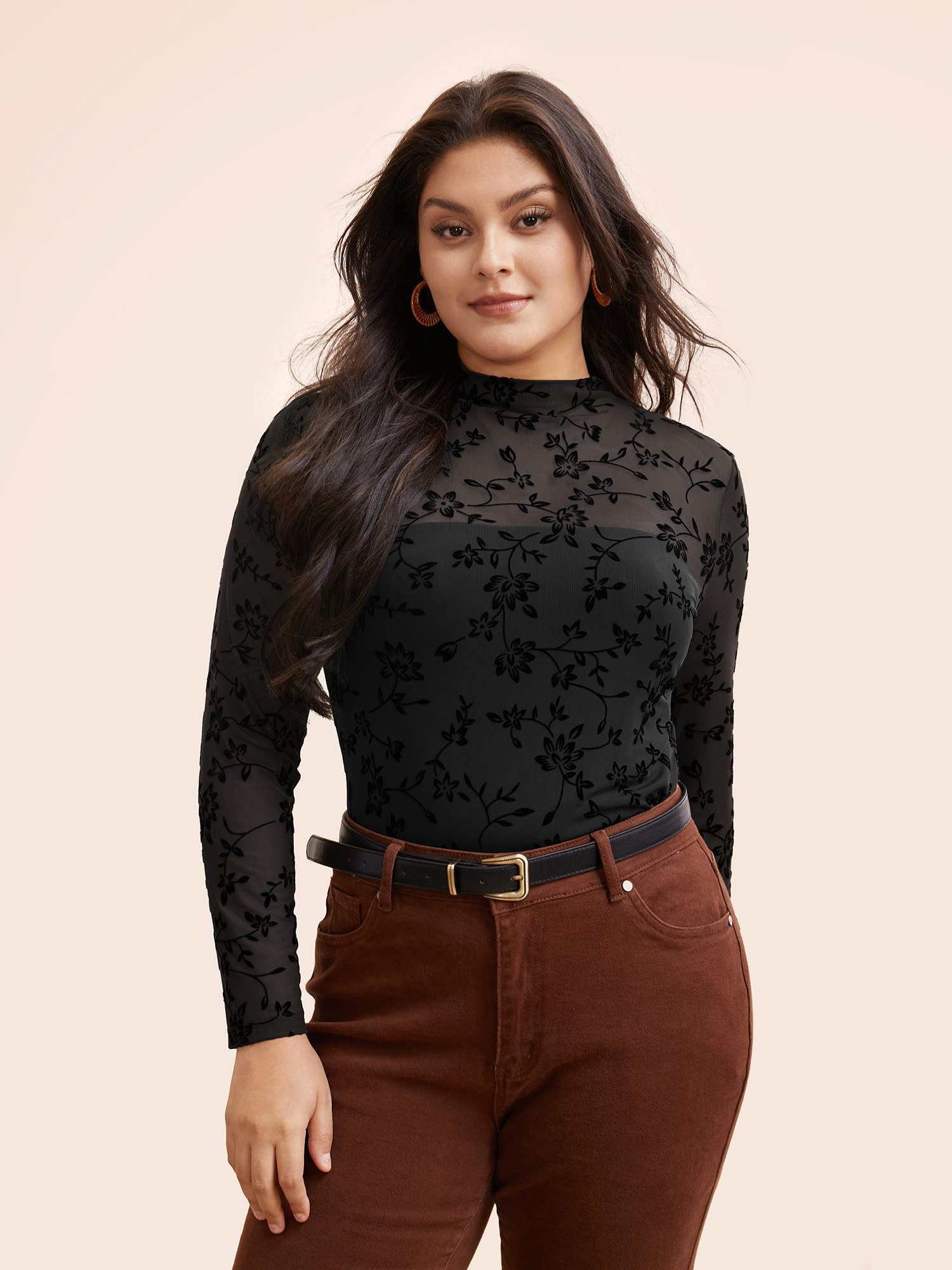 

Plus Size Floral Flocking Mesh Mock Neck T-shirt Black Women Elegant See through Stand-up collar Skinny Everyday T-shirts BloomChic