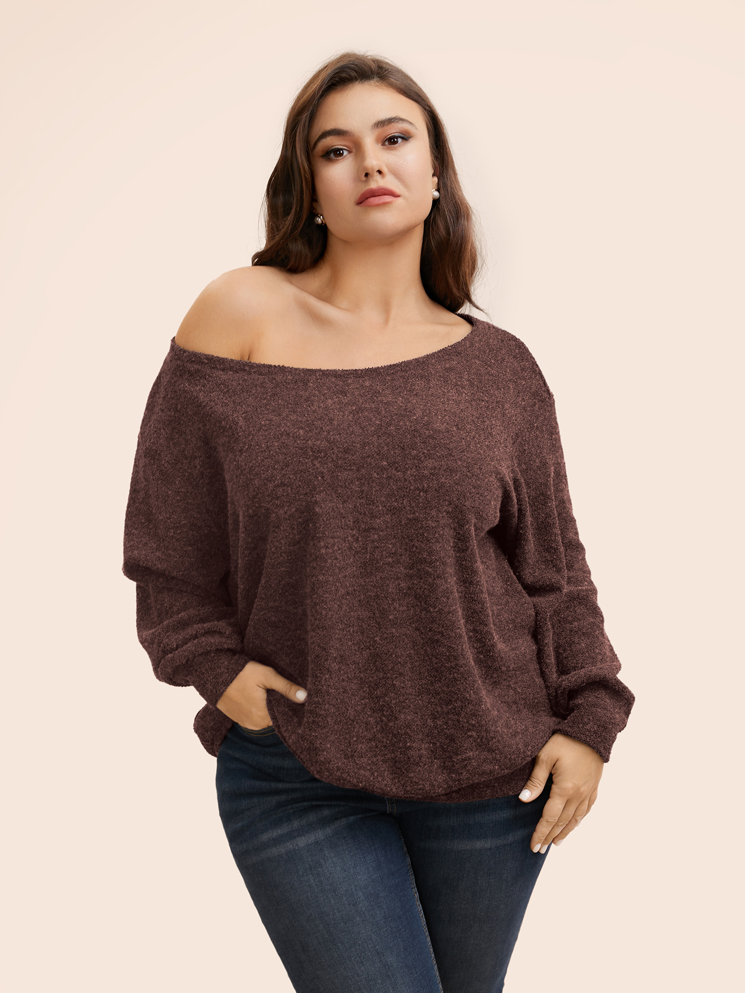 

Plus Size Textured Off Shoulder Drop Shoulder Sleeve Sweatshirt Women Burgundy Casual Non One-shoulder neck Everyday Sweatshirts BloomChic