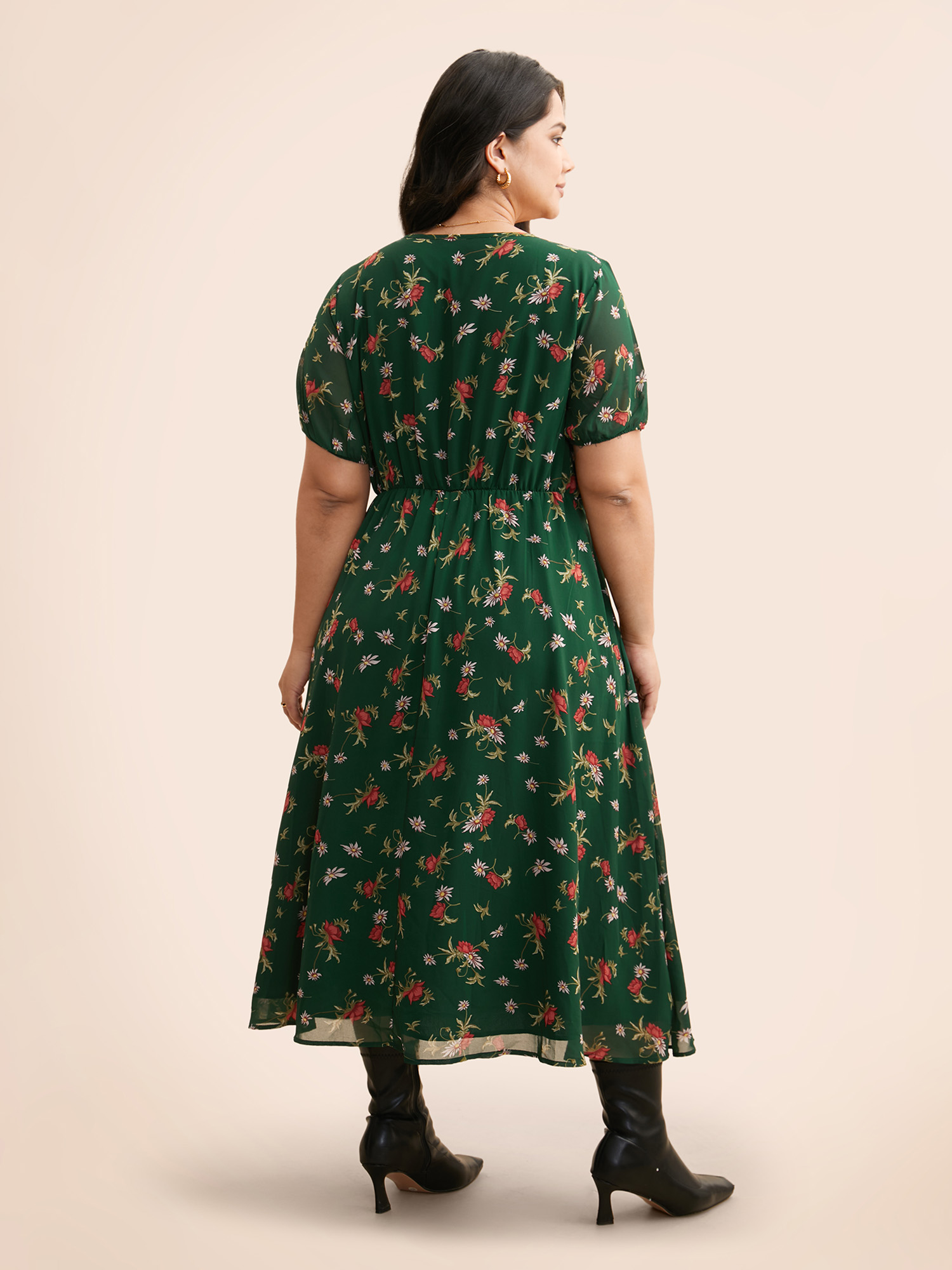 

Plus Size Floral Notched Chiffon Mesh Midi Dress DarkGreen Women Elegant See through Notched collar Short sleeve Curvy BloomChic