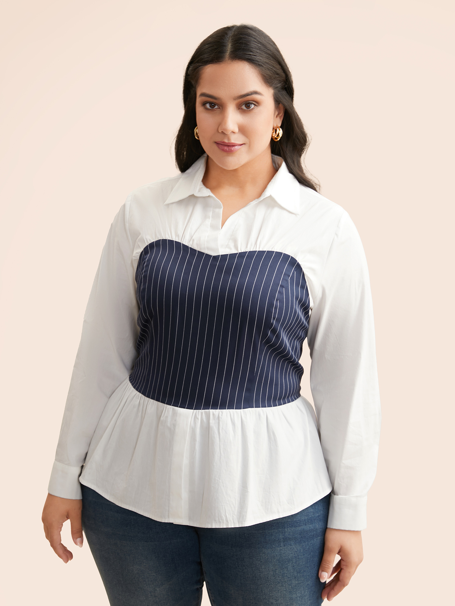 

Plus Size Indigo Striped Patchwork Shirred Gathered Blouse Women At the Office Long Sleeve V-neck Work Blouses BloomChic