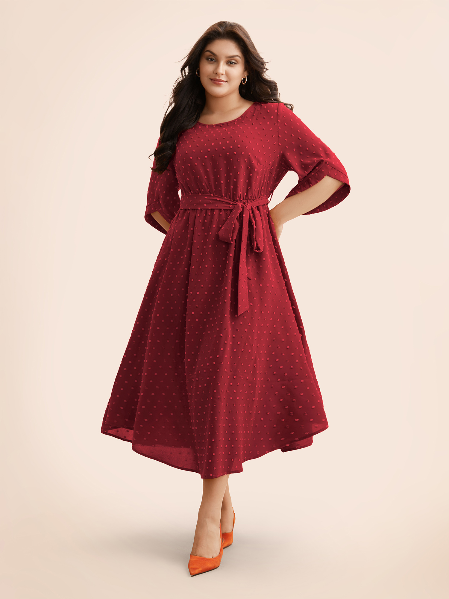 

Plus Size Textured Bell Sleeve Belted Arc Hem Dress Deepred Women Elegant Texture Round Neck Elbow-length sleeve Curvy BloomChic