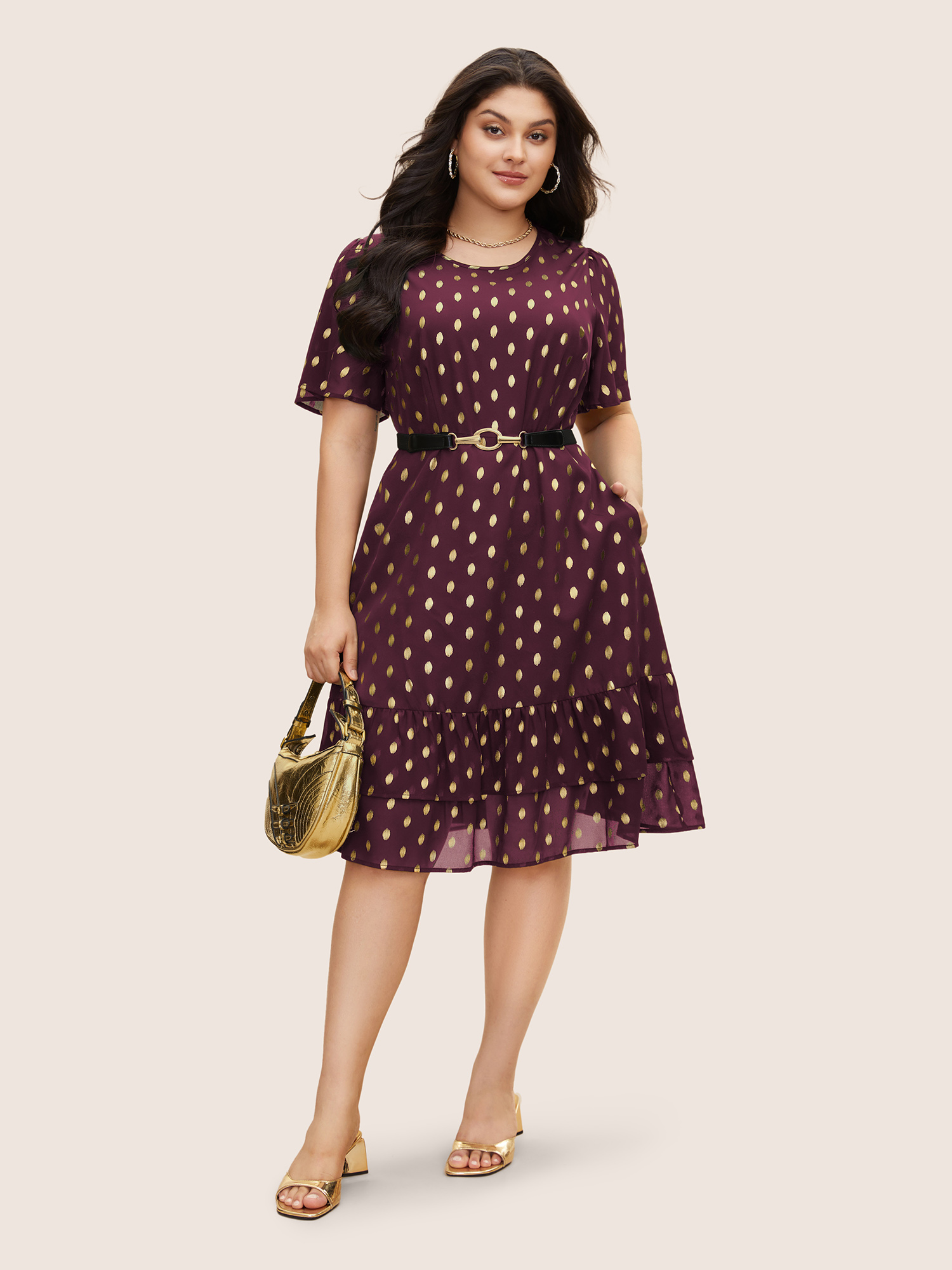 

Plus Size Glitter Polka Dot Patchwork Ruffles Dress Burgundy Women Cocktail See through Round Neck Short sleeve Curvy BloomChic