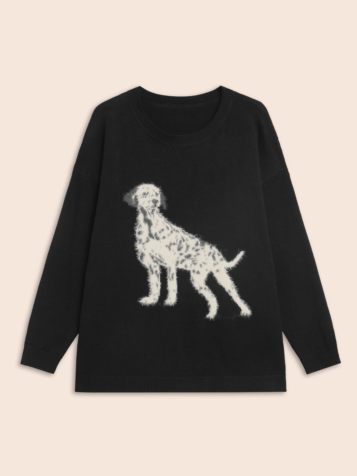 

Plus Size Dog Jacquard Fluffy Drop Shoulder Pullover Black Women Casual Long Sleeve Round Neck Everyday Pullovers BloomChic