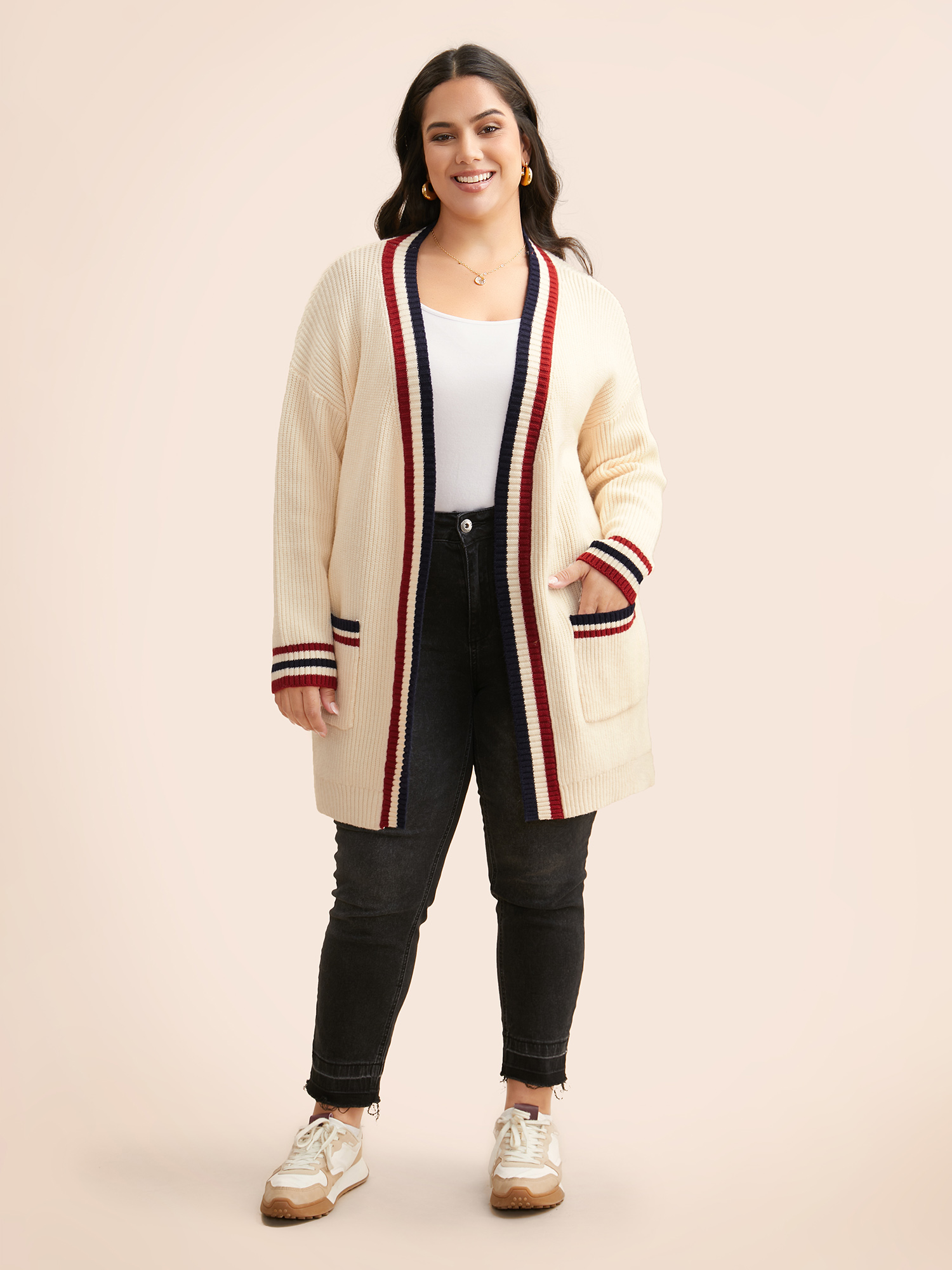 Plus Size Supersoft Essentials Contrast Striped Drop Shoulder Cardigan Beige Women Casual Loose Long Sleeve Everyday Cardigans BloomChic 18-20/2X 