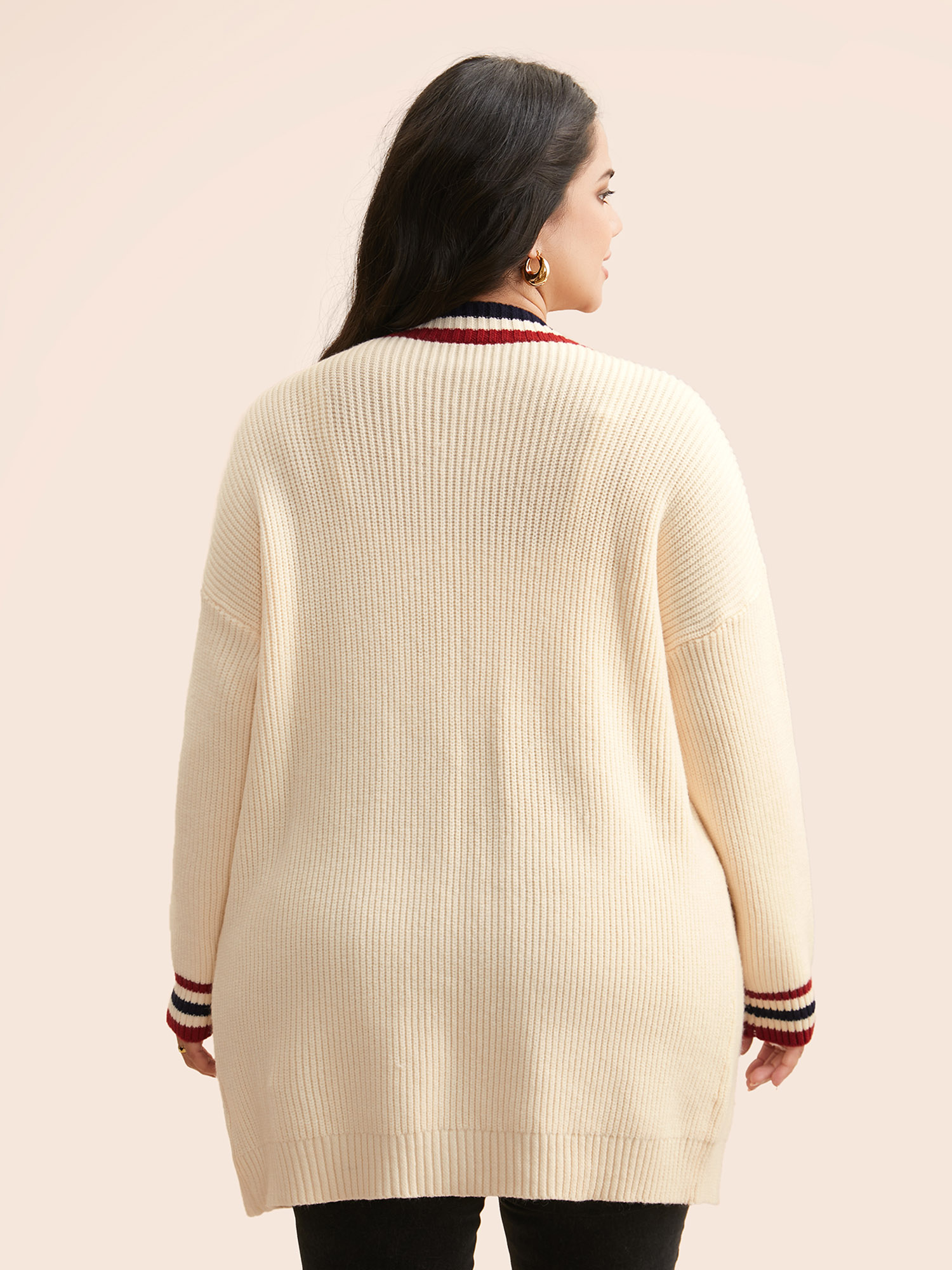 Plus Size Supersoft Essentials Contrast Striped Drop Shoulder Cardigan Beige Women Casual Loose Long Sleeve Everyday Cardigans BloomChic 18-20/2X 