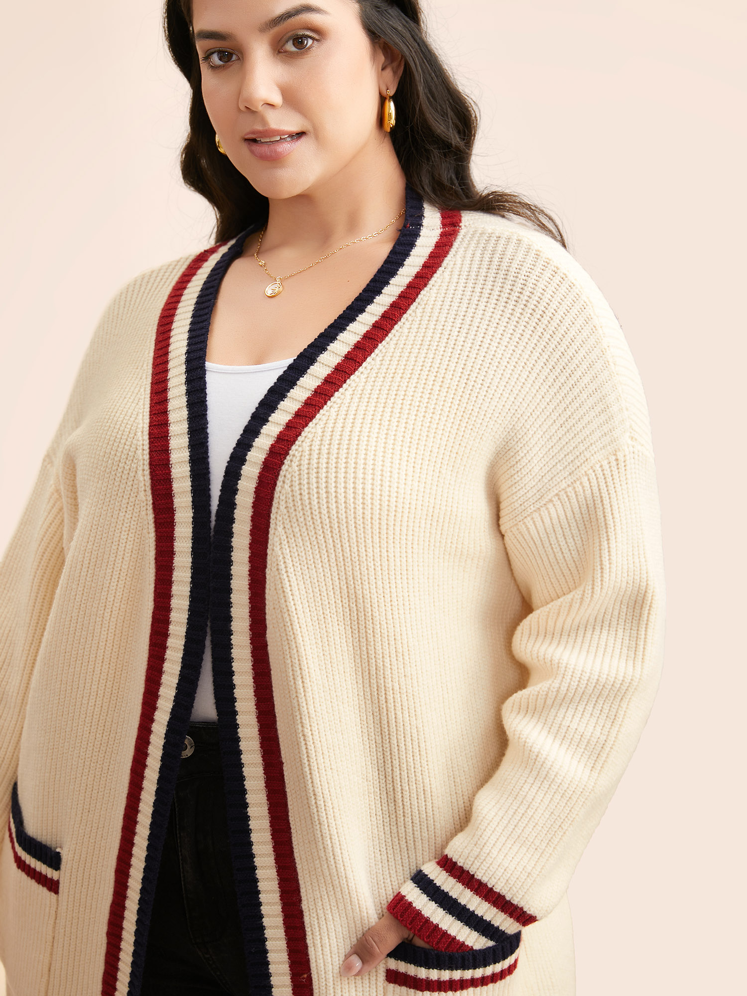 

Plus Size Supersoft Essentials Contrast Striped Drop Shoulder Cardigan Beige Women Casual Loose Long Sleeve Everyday Cardigans BloomChic