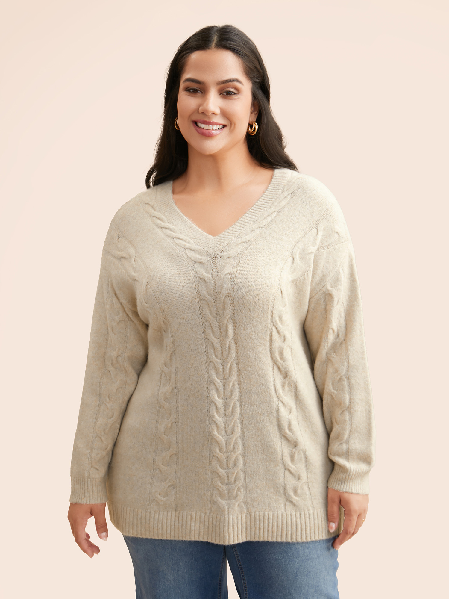 

Plus Size Supersoft Essentials Solid Cable Knit Puff Sleeve Pullover Apricot Women Casual Long Sleeve V-neck Everyday Pullovers BloomChic