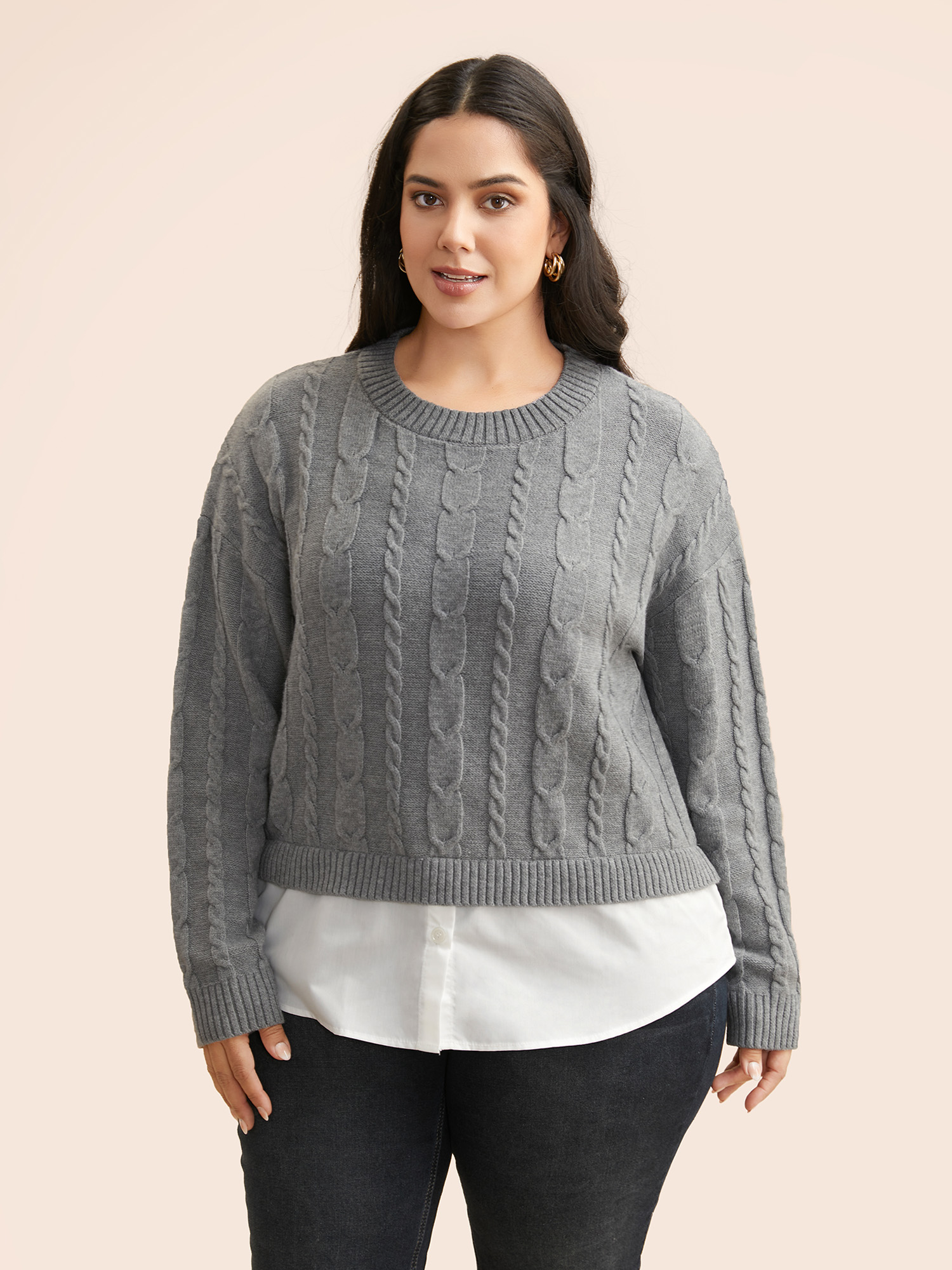 

Plus Size Supersoft Essentials Cable Knit Patchwork Pullover DarkGray Women Casual Long Sleeve Round Neck Everyday Pullovers BloomChic