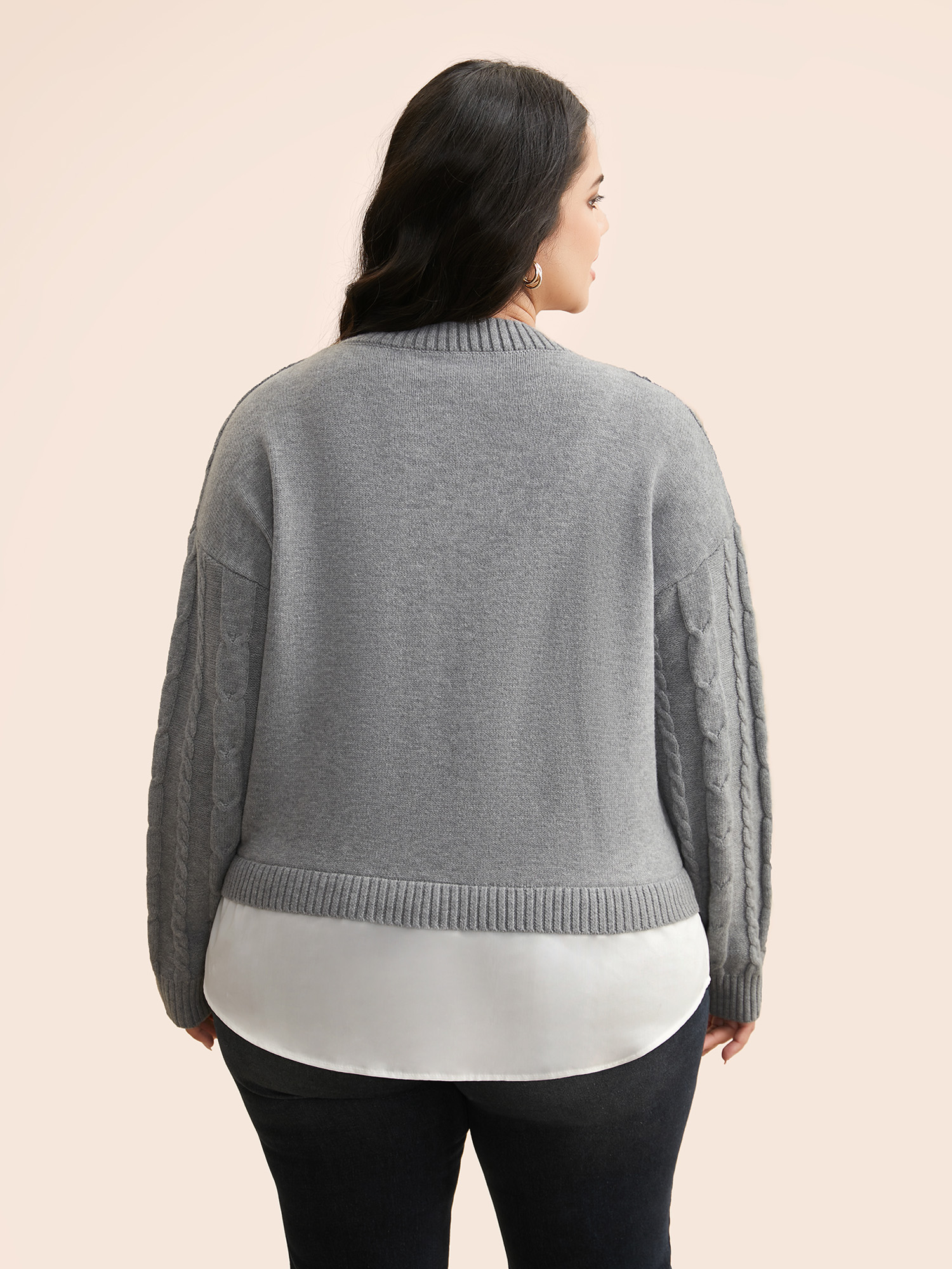 

Plus Size Supersoft Essentials Cable Knit Patchwork Pullover DarkGray Women Casual Long Sleeve Round Neck Everyday Pullovers BloomChic