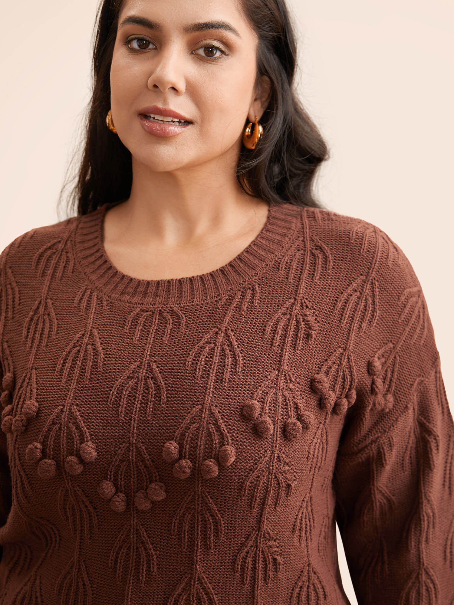 

Plus Size Crochet Floral Drop Shoulder Sleeve Pullover DarkBrown Women Casual Long Sleeve Round Neck Everyday Pullovers BloomChic