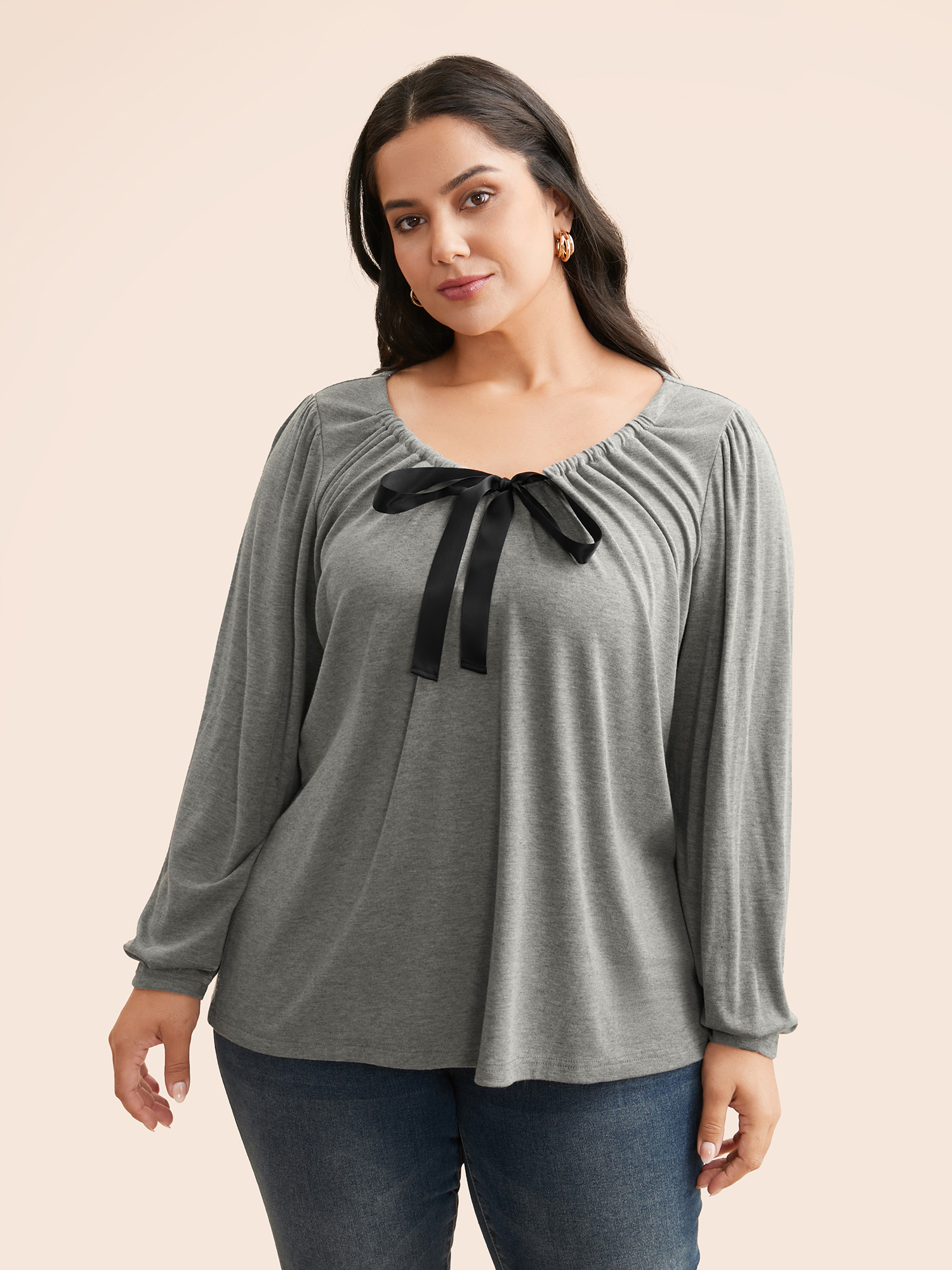 

Plus Size Tie Knot Gathered Lantern Sleeve T-shirt DarkGray Women Elegant Tie knot V-neck Loose Everyday T-shirts BloomChic