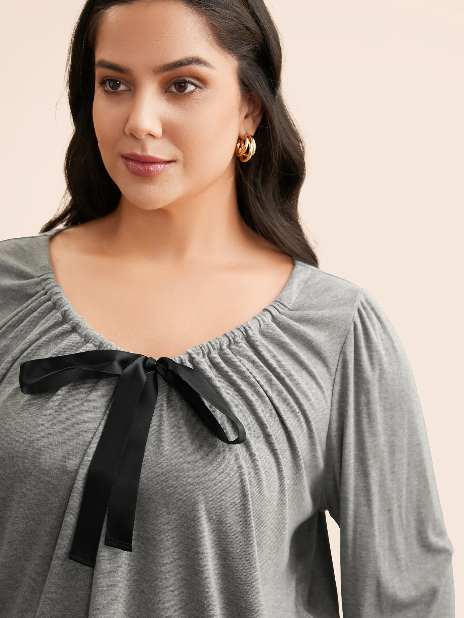 

Plus Size Tie Knot Gathered Lantern Sleeve T-shirt DarkGray V-neck Long Sleeve Elegant Jersey Tops