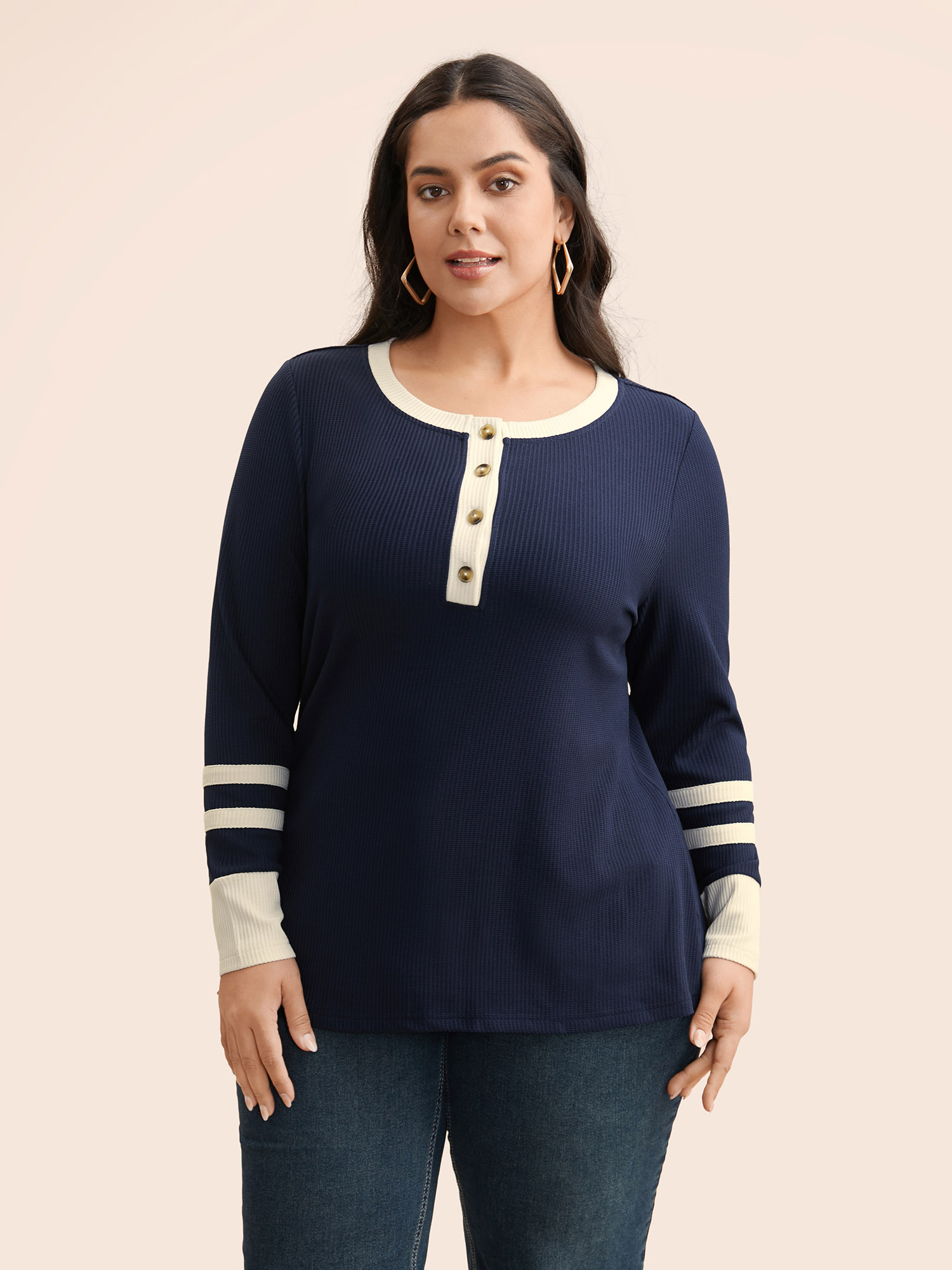 

Plus Size Contrast Patchwork Texture Button Up T-shirt Indigo Women Casual Texture Round Neck Everyday T-shirts BloomChic