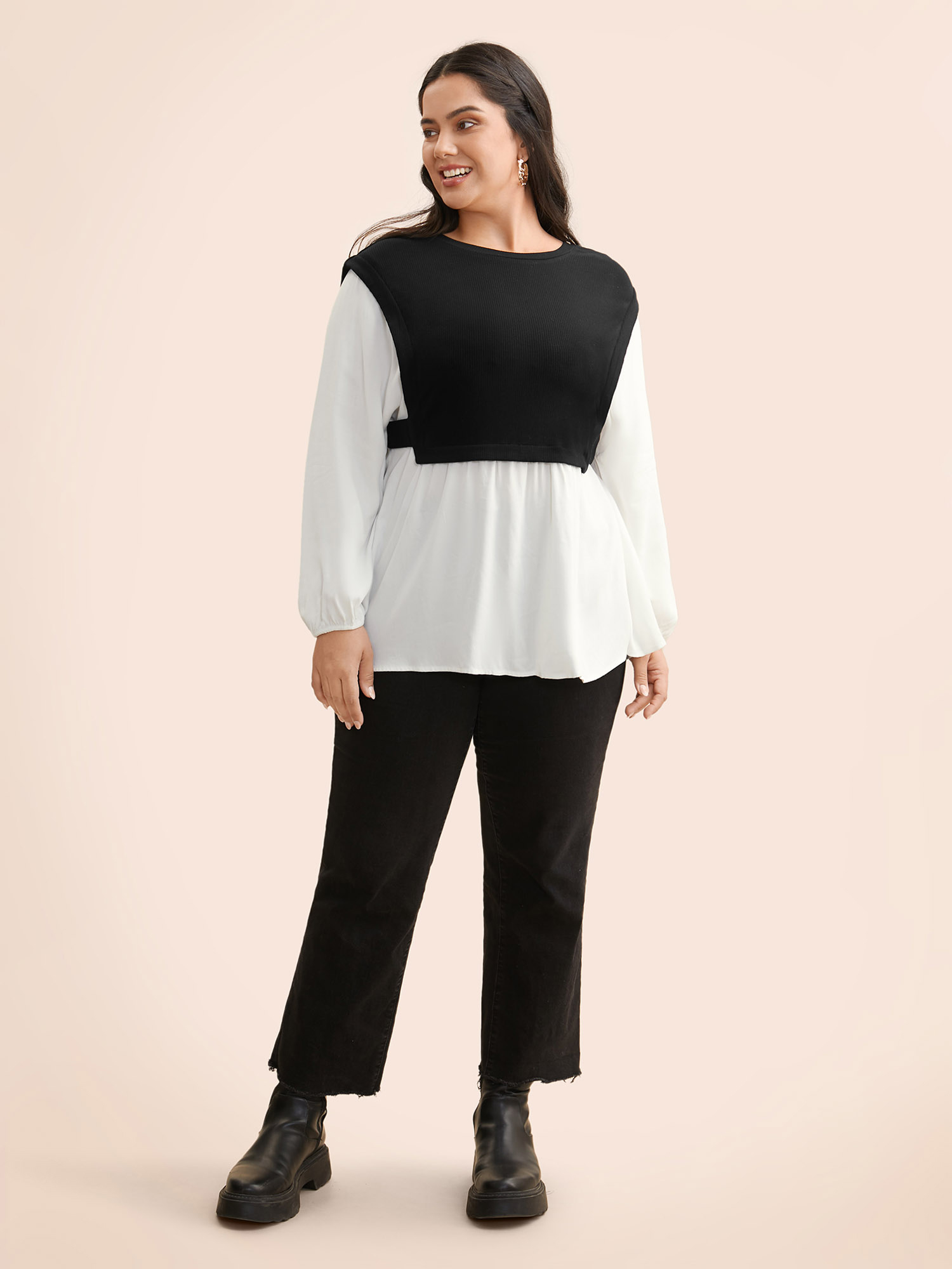 Plus Size Multicolor Round Neck Patchwork Contrast Gathered Blouse Women Casual Long Sleeve Round Neck Everyday Blouses BloomChic 30/6X 