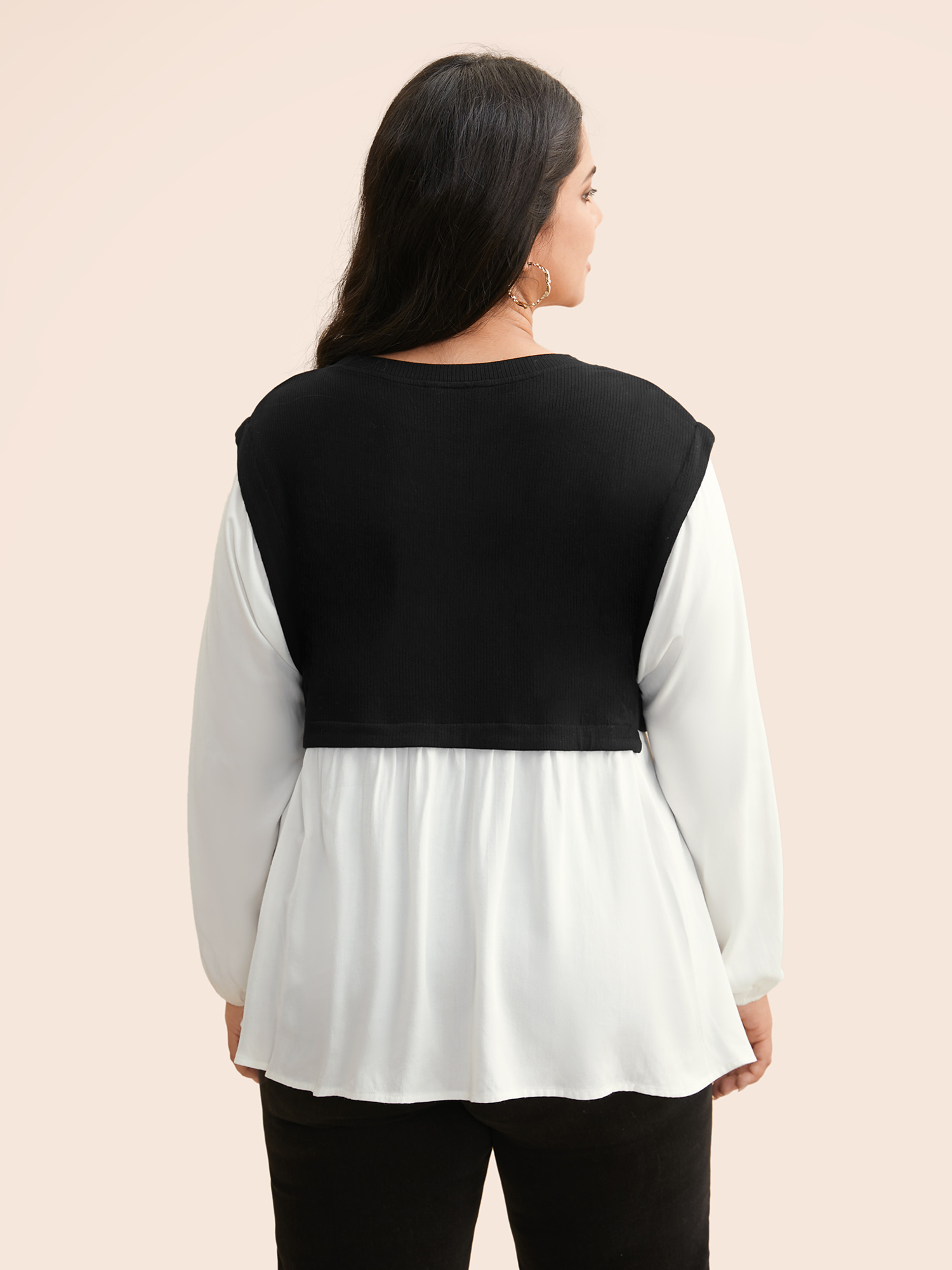Plus Size Multicolor Round Neck Patchwork Contrast Gathered Blouse Women Casual Long Sleeve Round Neck Everyday Blouses BloomChic 30/6X 