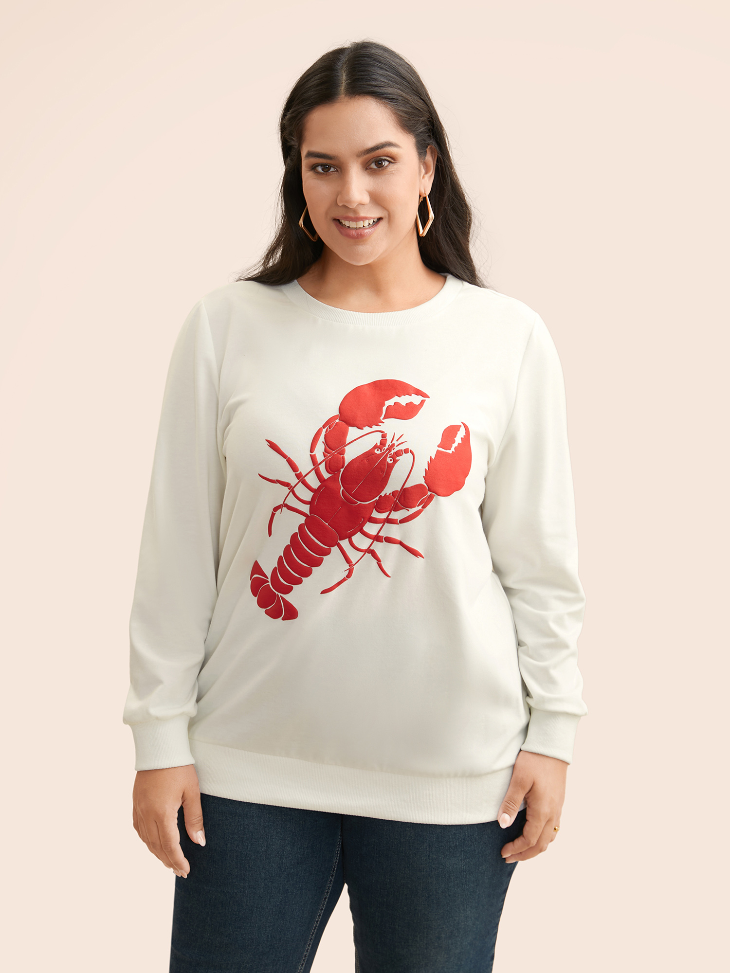 

Plus Size Lobster Pattern Round Neck Sweatshirt Women Originalwhite Casual Patchwork Round Neck Everyday Sweatshirts BloomChic