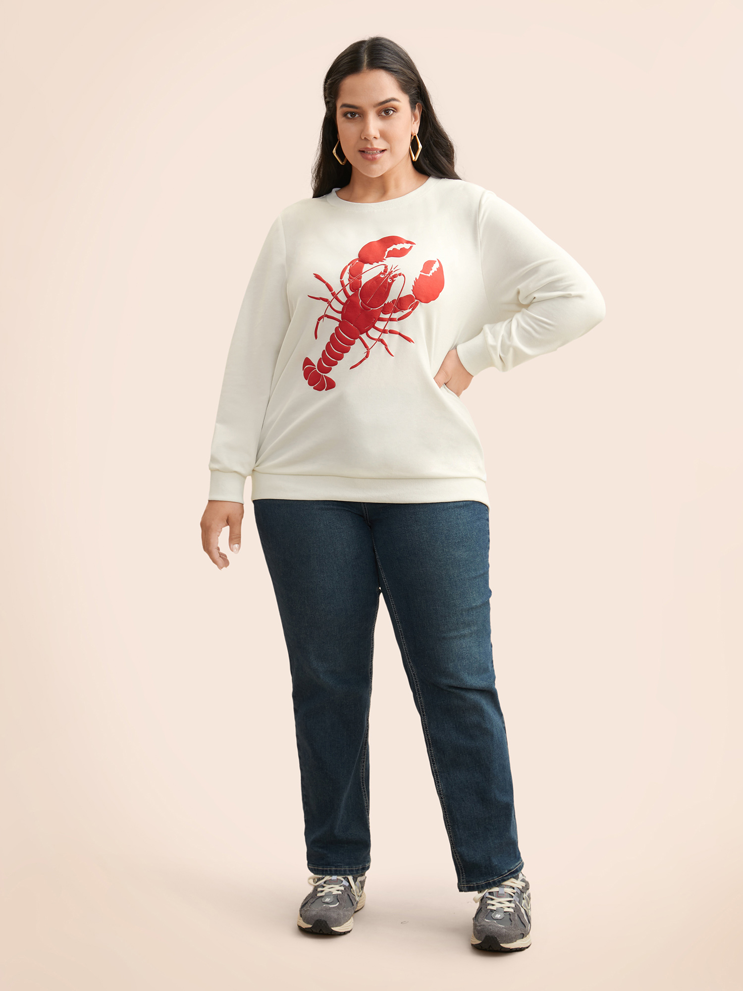 

Plus Size Lobster Pattern Round Neck Sweatshirt Women Originalwhite Casual Patchwork Round Neck Everyday Sweatshirts BloomChic