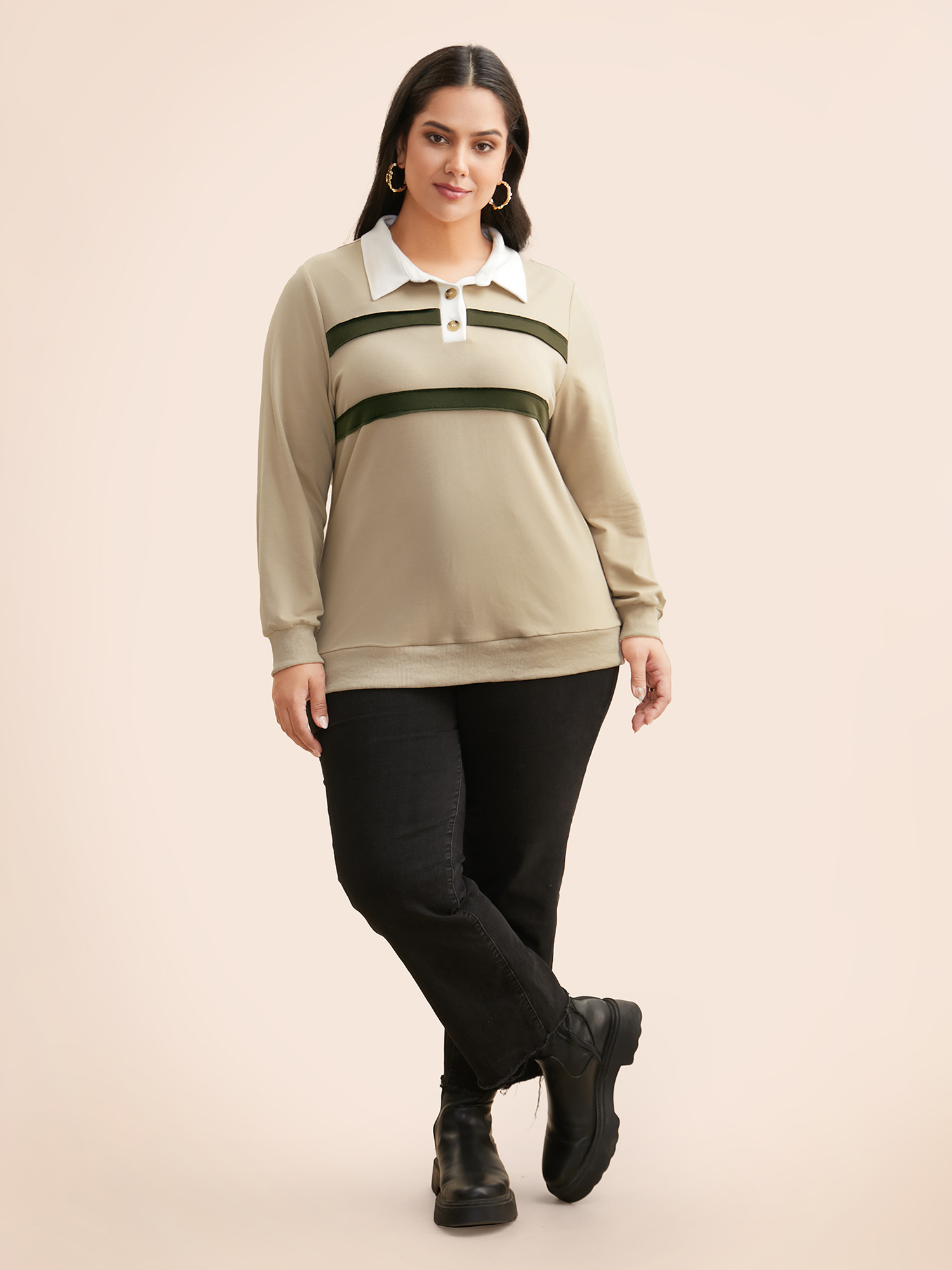 Plus Size Patchwork Contrast Button Up Sweatshirt Women Champagne Casual Contrast Shirt collar Everyday Sweatshirts BloomChic 30/6X 