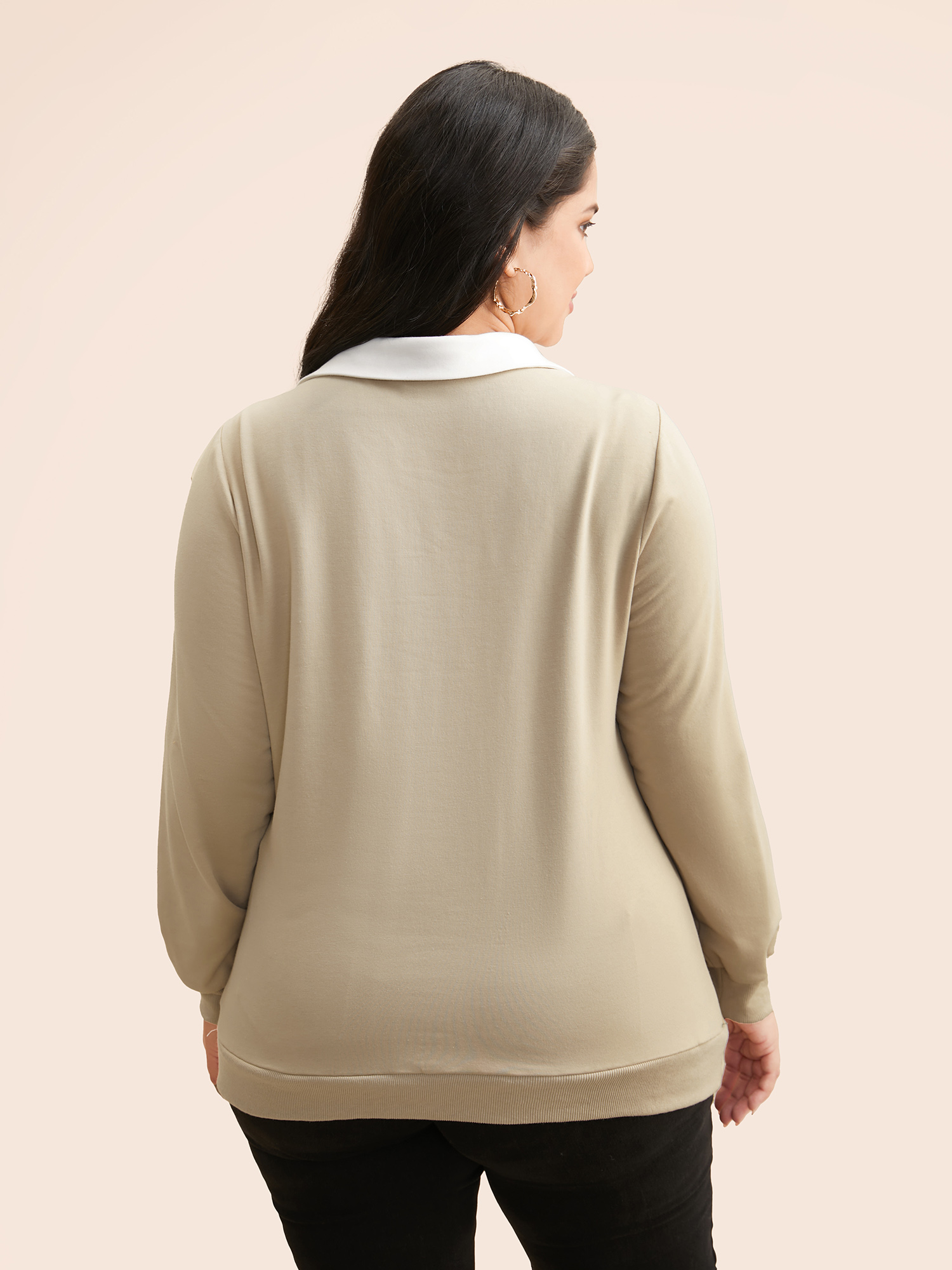 Plus Size Patchwork Contrast Button Up Sweatshirt Women Champagne Casual Contrast Shirt collar Everyday Sweatshirts BloomChic 30/6X 