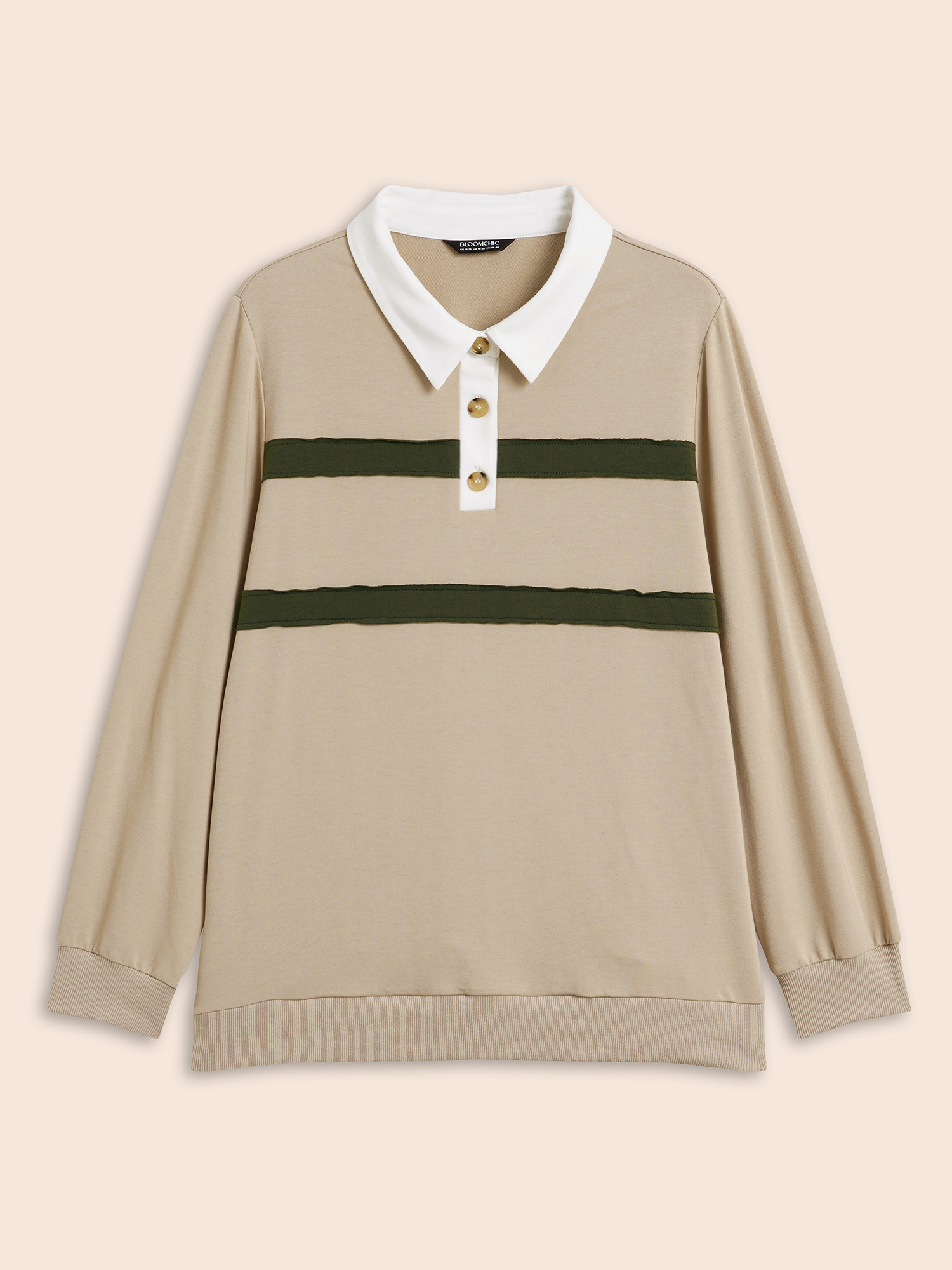 Plus Size Patchwork Contrast Button Up Sweatshirt Women Champagne Casual Contrast Shirt collar Everyday Sweatshirts BloomChic 30/6X 
