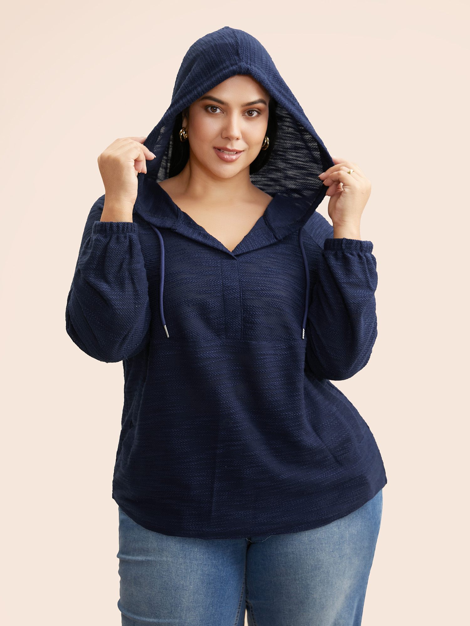 Plus Size Texture Drawstring Pocket Hooded Sweatshirt Women DarkBlue Casual Texture Loose Hooded Everyday Sweatshirts BloomChic 26/4X 