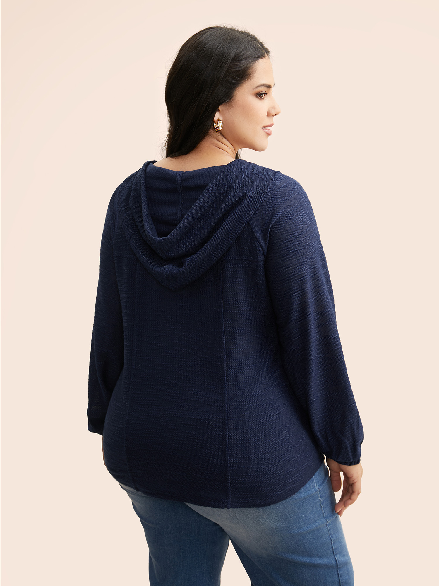 Plus Size Texture Drawstring Pocket Hooded Sweatshirt Women DarkBlue Casual Texture Loose Hooded Everyday Sweatshirts BloomChic 26/4X 