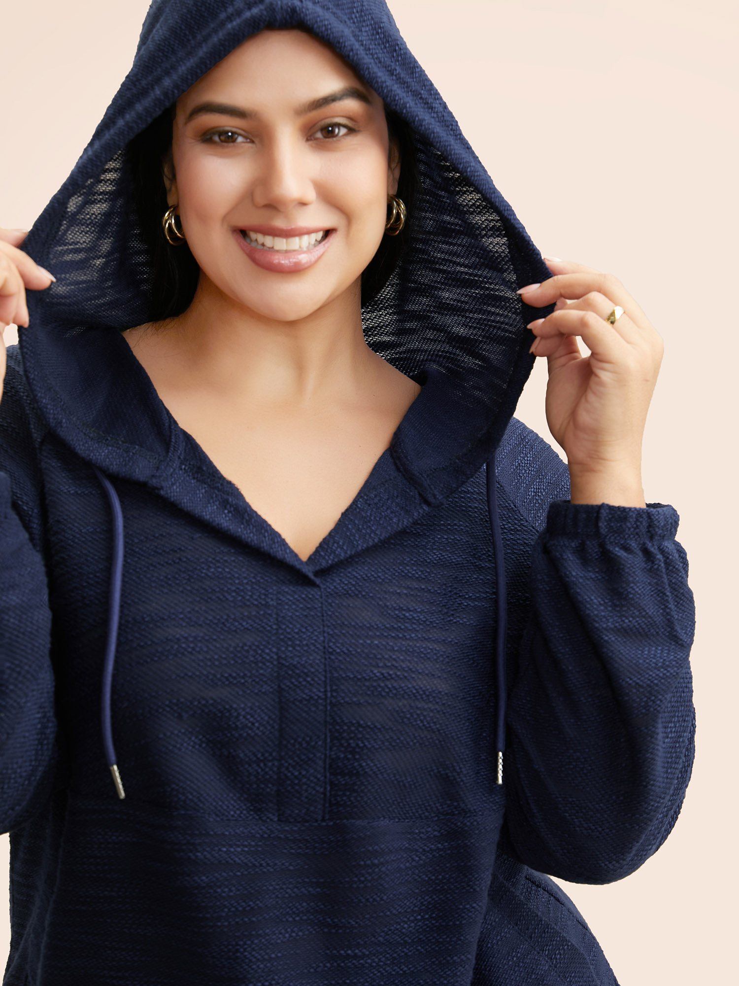 Plus Size Texture Drawstring Pocket Hooded Sweatshirt Women DarkBlue Casual Texture Loose Hooded Everyday Sweatshirts BloomChic 26/4X 