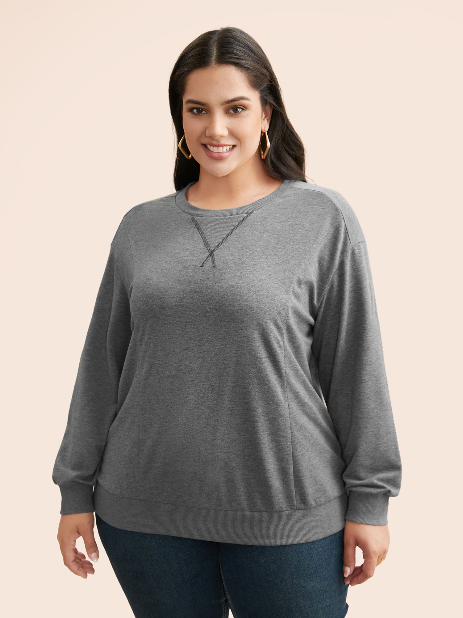 

Plus Size Round Neck Stitch Slightly Stretchy Sweatshirt Women Mediumgray Casual Topstitching Round Neck Everyday Sweatshirts BloomChic