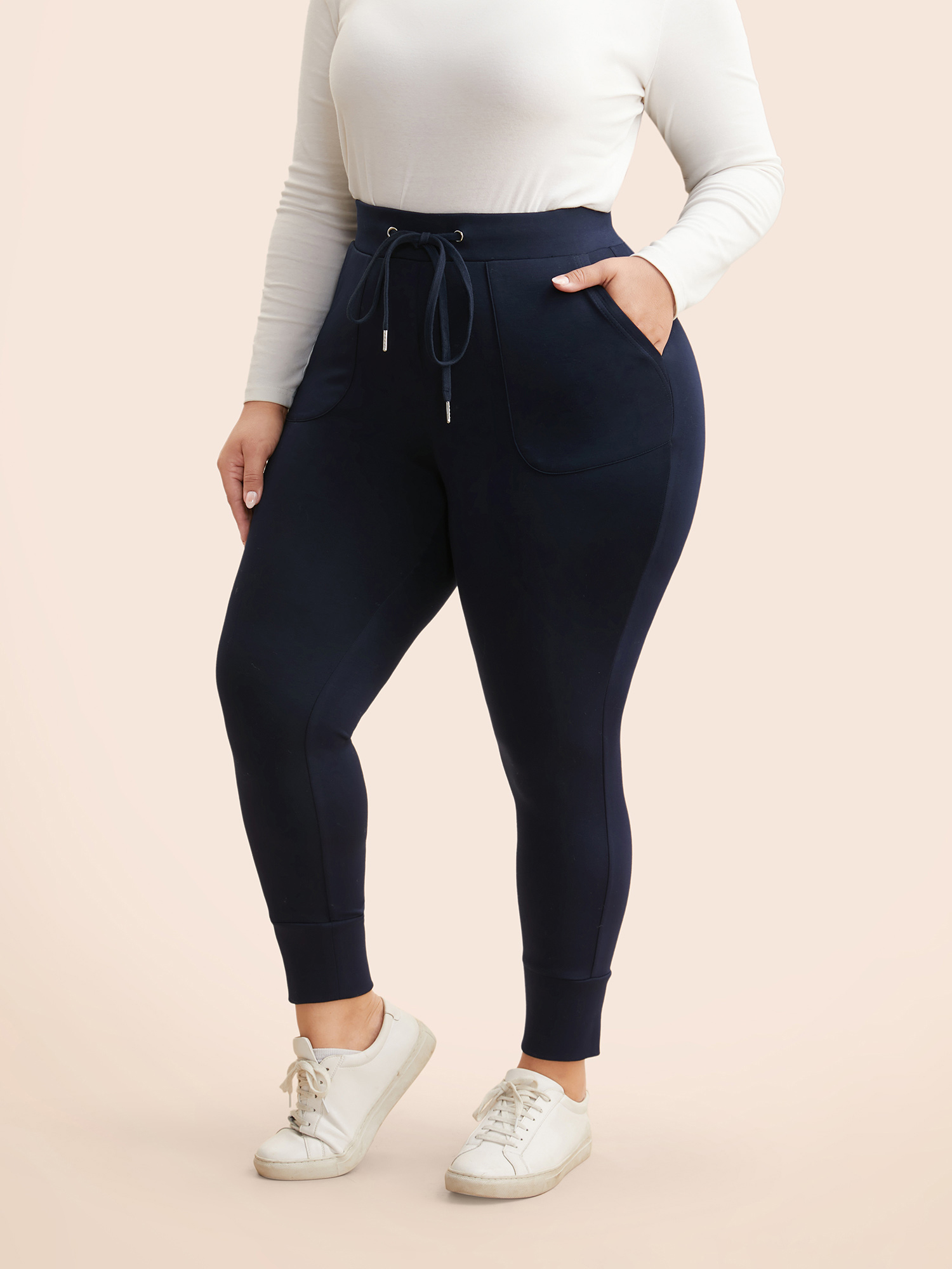 

Plus Size Mid Rise Drawstring Pocket Leggings Women Indigo Casual Medium stretch Mid Rise Everyday Leggings BloomChic