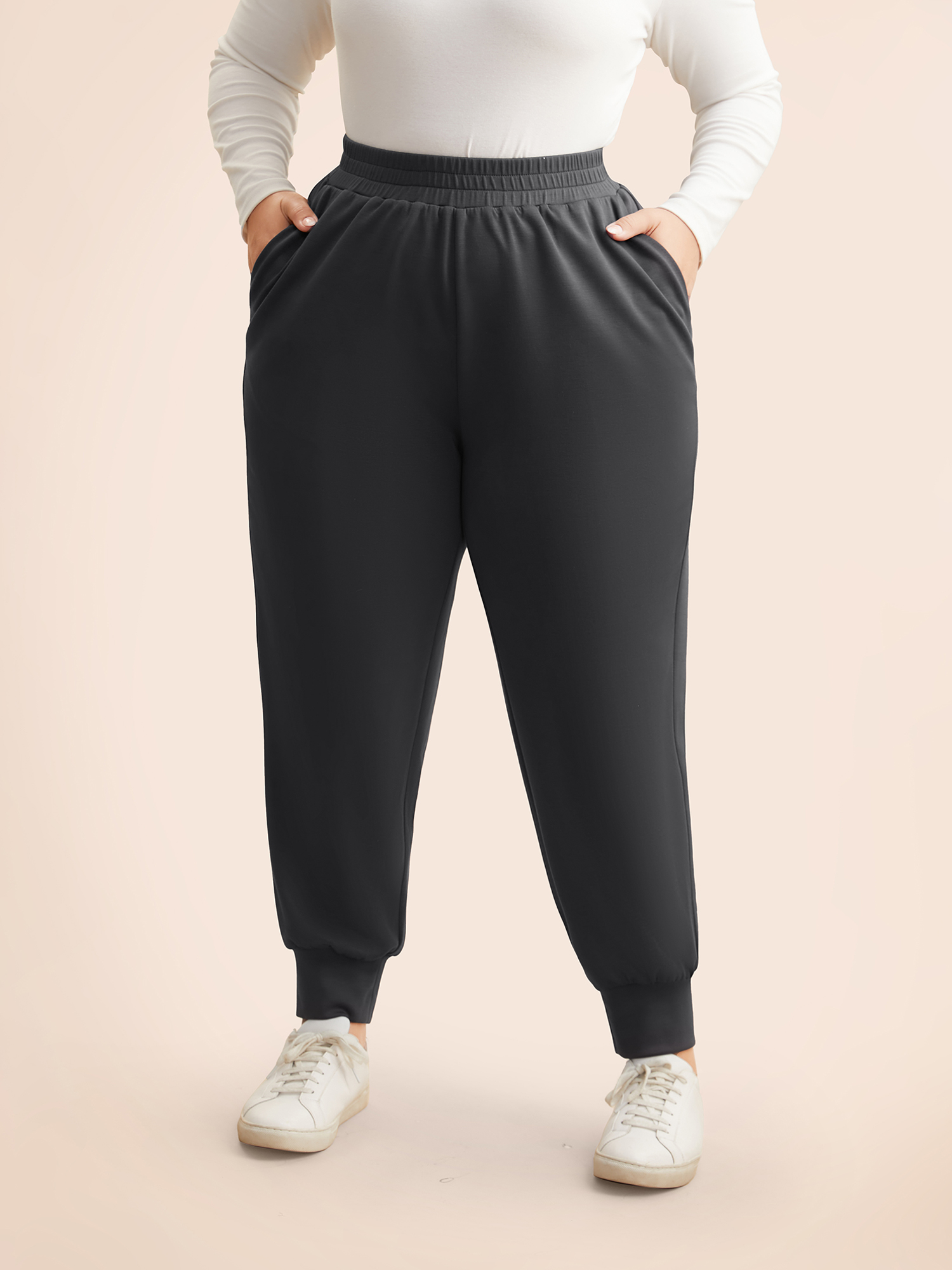 

Plus Size Solid Elastic Waist Carrot Pants Women DimGray Casual Mid Rise Everyday Pants BloomChic