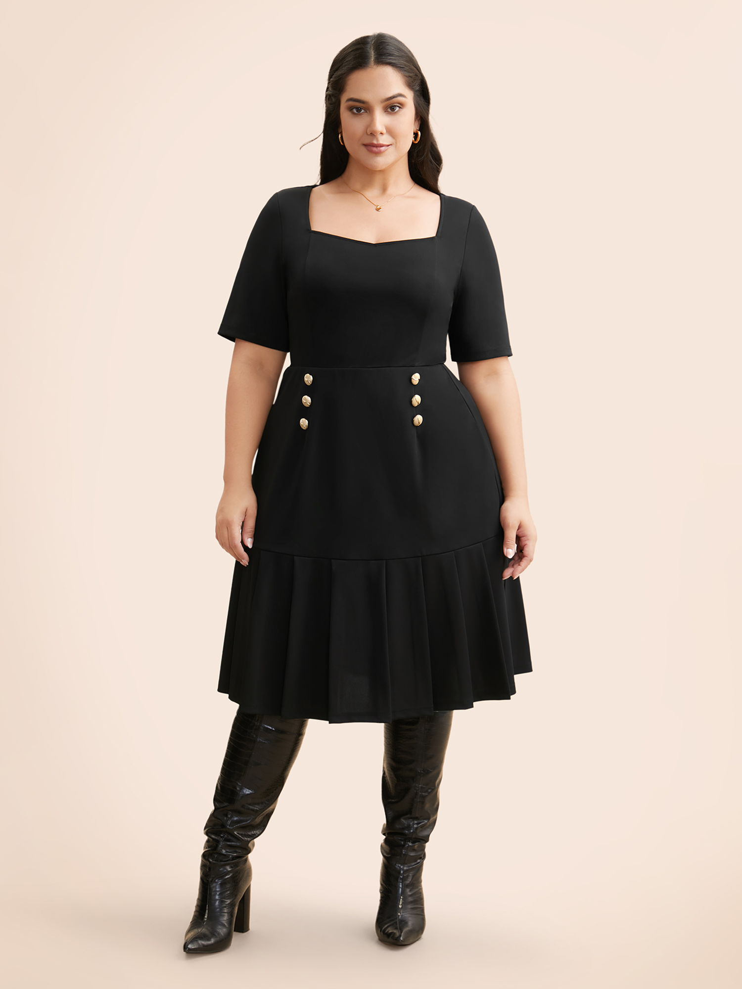 

Plus Size Heart Neckline Metal Detail Midi Dress Black Women At the Office Pleated Heart neckline Half Sleeve Curvy BloomChic