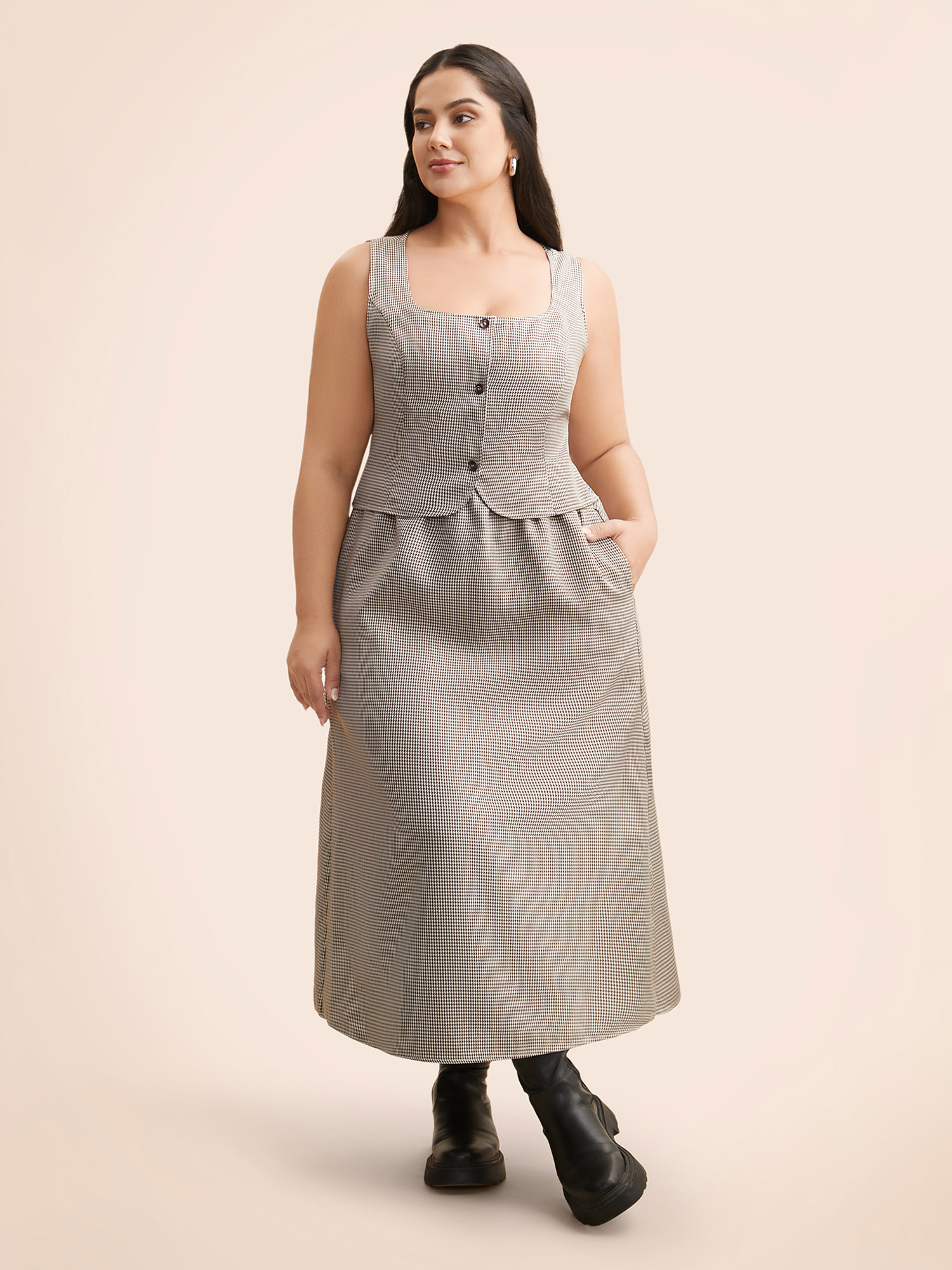 Plus Size Square Neck Houndstooth Elastic Waist Dress Browncoffeecolor Women At the Office Button Square Neck Sleeveless Curvy BloomChic 22-24/3X 
