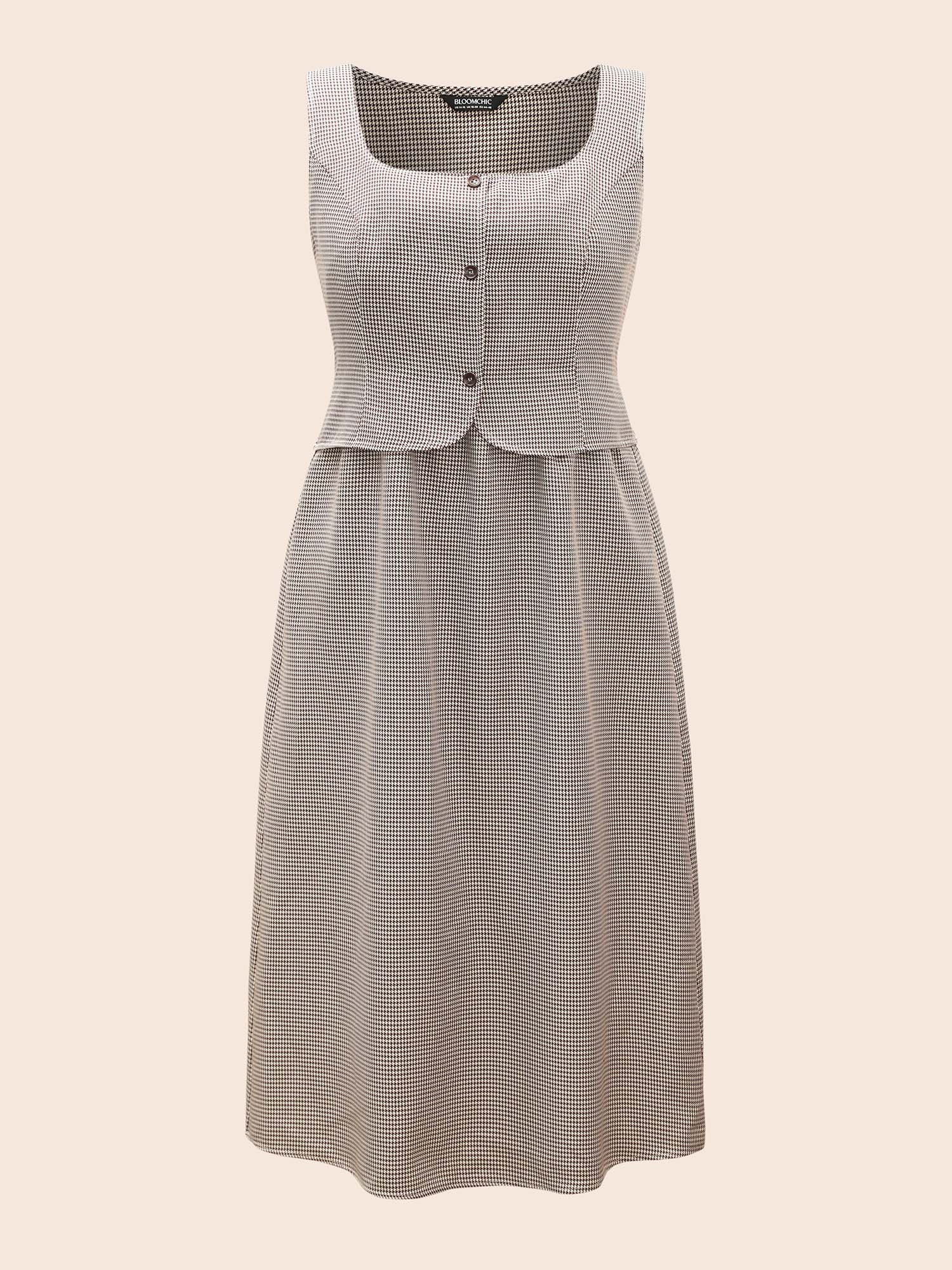 Plus Size Square Neck Houndstooth Elastic Waist Dress Browncoffeecolor Women At the Office Button Square Neck Sleeveless Curvy BloomChic 22-24/3X 