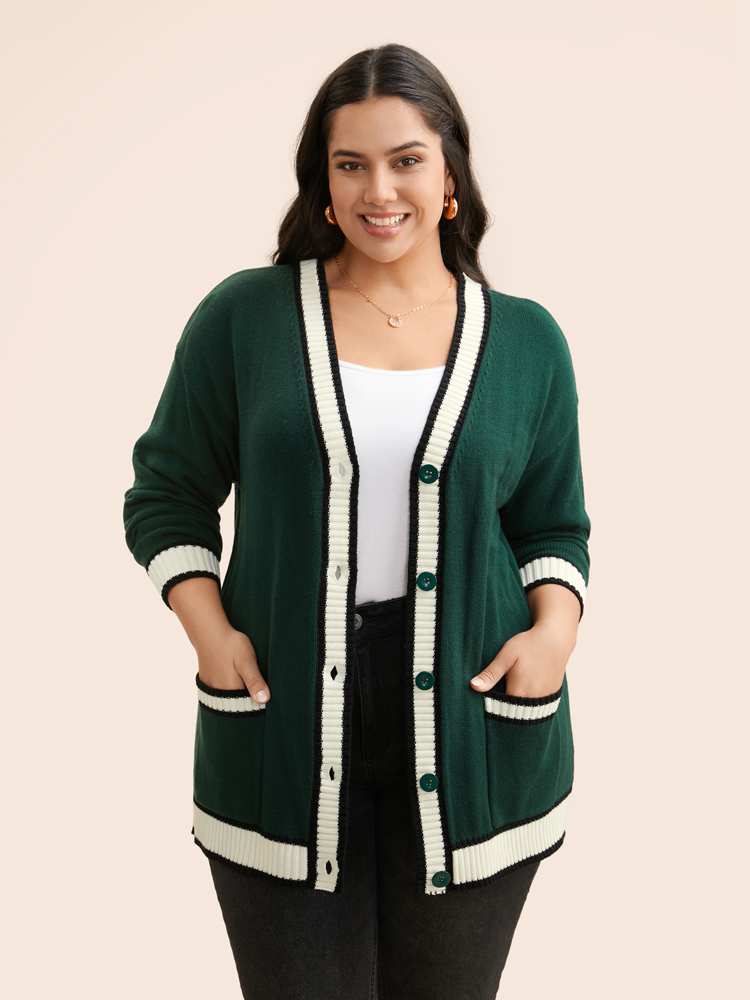 

Plus Size Contrast Trim Button Up Pocket Cardigan DarkGreen Women Casual Loose Long Sleeve Everyday Cardigans BloomChic