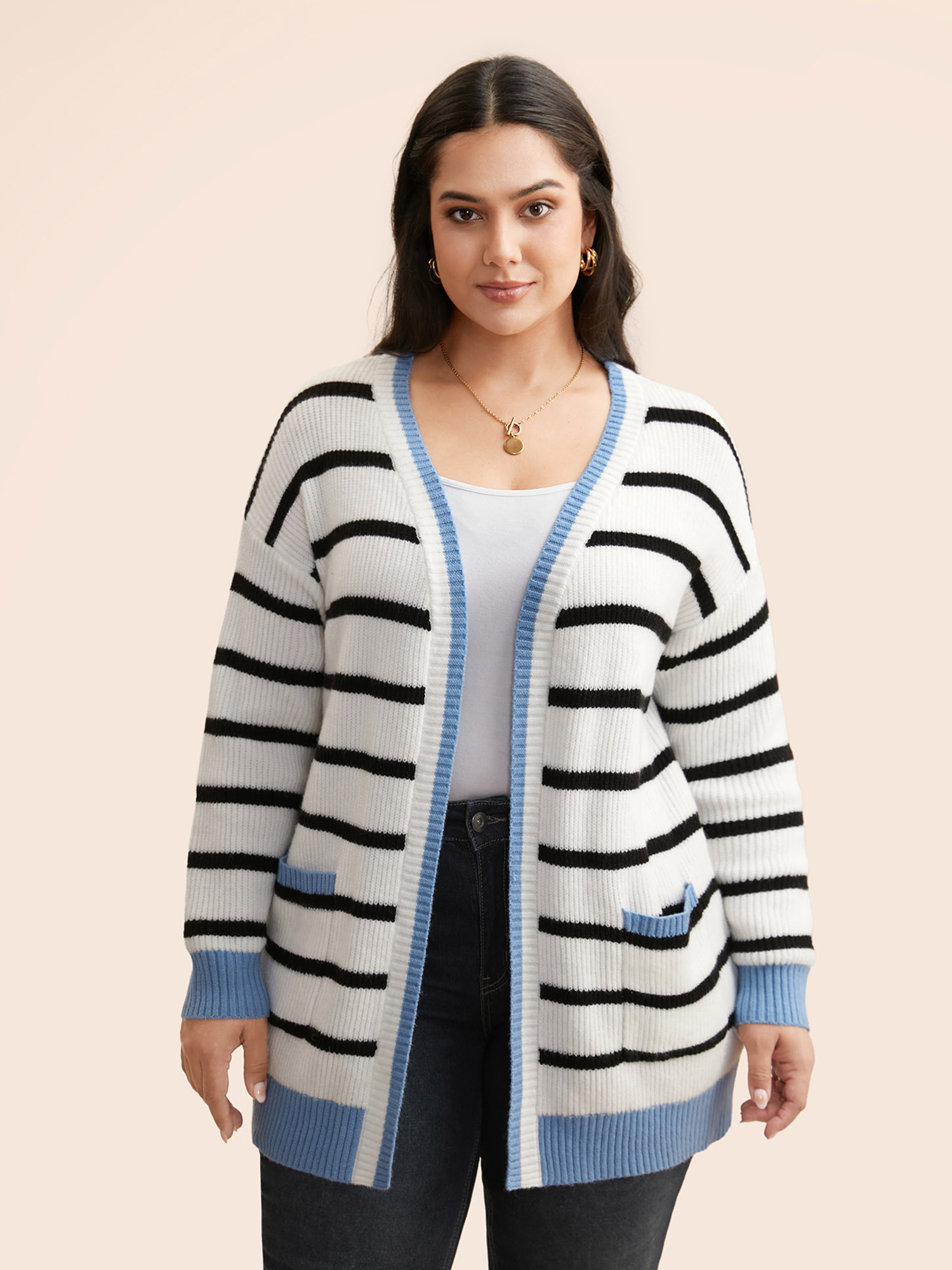 

Plus Size Supersoft Essentials Kimono Collar Contrast Striped Cardigan Beige Women Casual Loose Long Sleeve Everyday Cardigans BloomChic