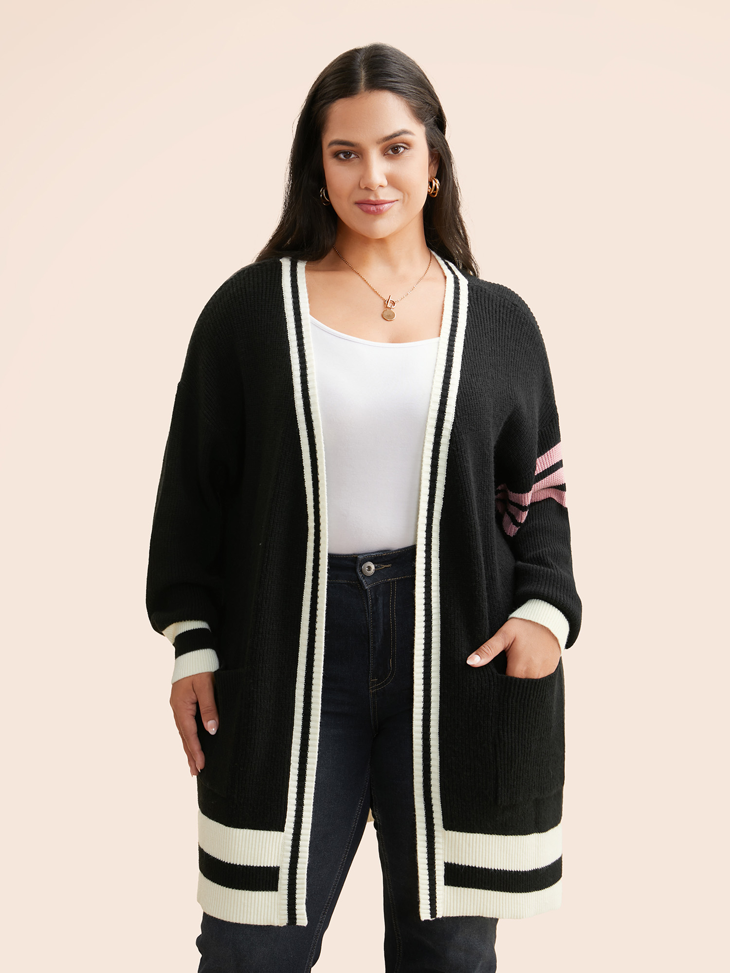 

Plus Size Contrast Striped Drop Shoulder Cardigan Black Women Casual Loose Long Sleeve Everyday Cardigans BloomChic