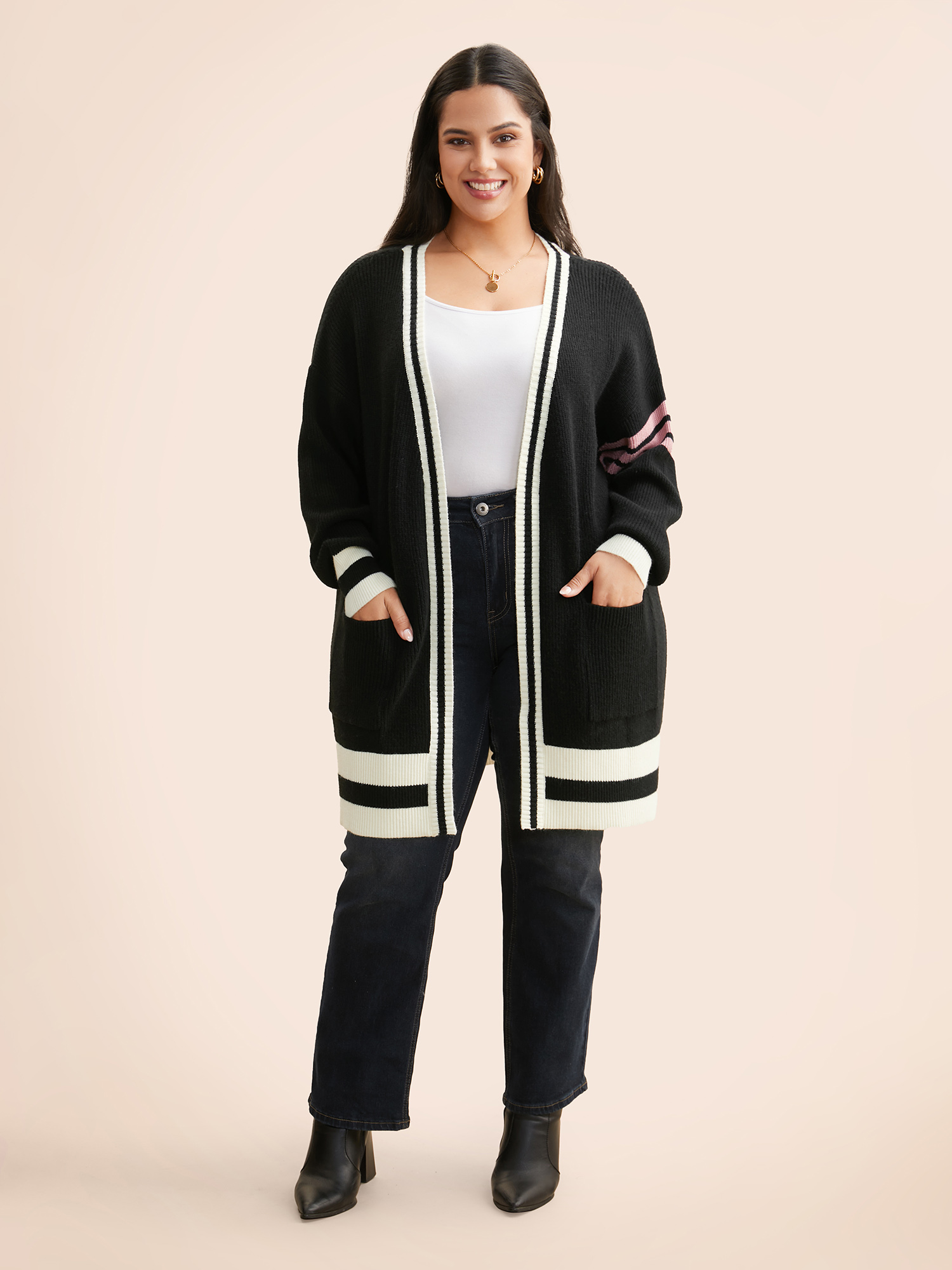 Plus Size Contrast Striped Drop Shoulder Cardigan Black Women Casual Loose Long Sleeve Everyday Cardigans BloomChic 12/L 
