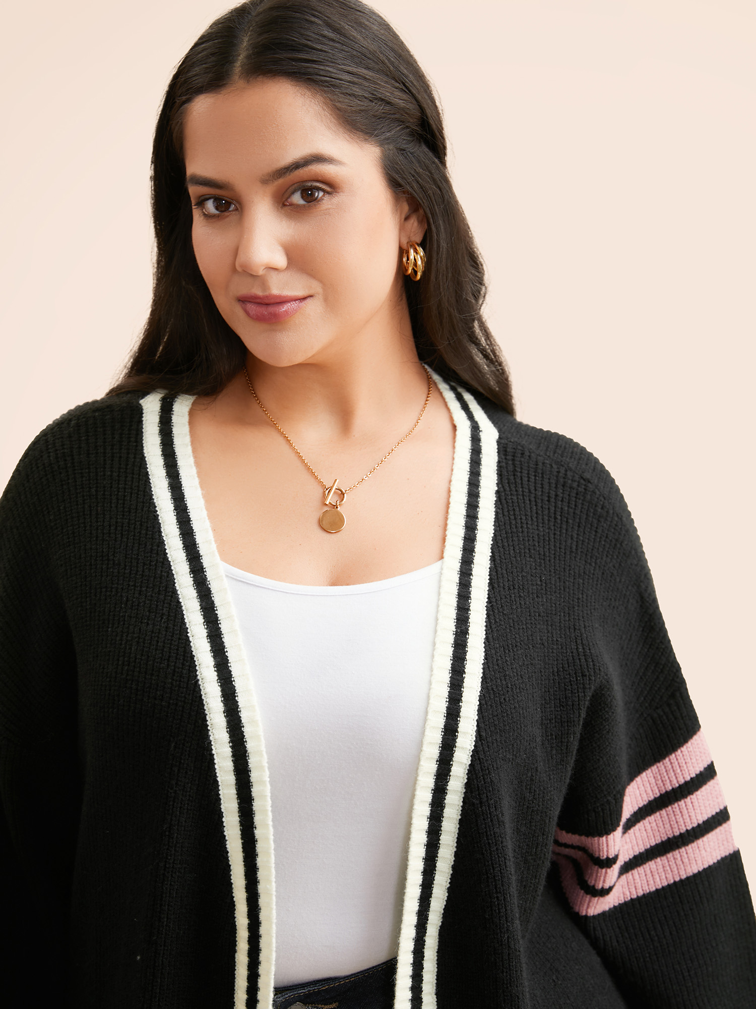 Plus Size Contrast Striped Drop Shoulder Cardigan Black Women Casual Loose Long Sleeve Everyday Cardigans BloomChic 12/L 