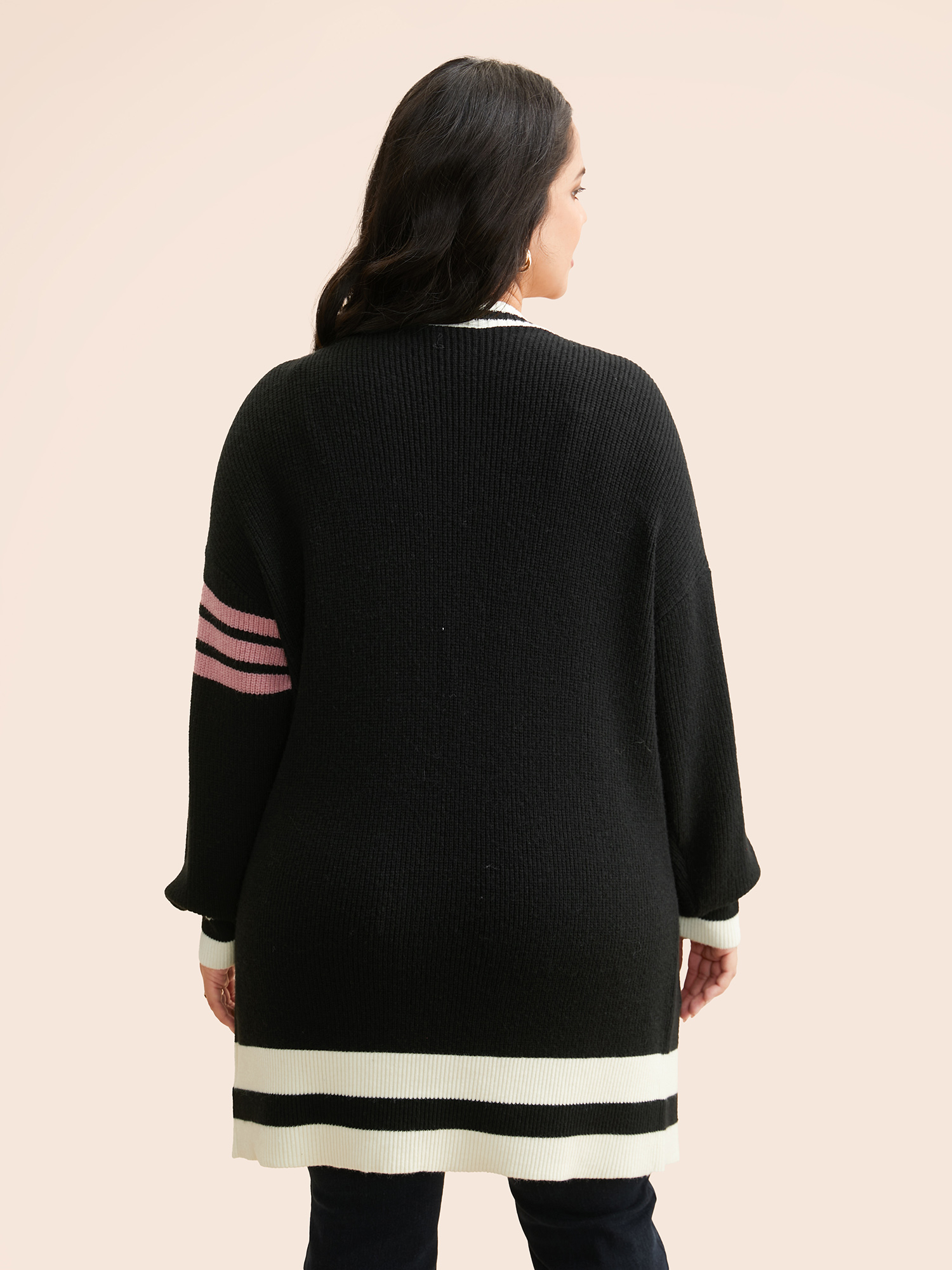 Plus Size Contrast Striped Drop Shoulder Cardigan Black Women Casual Loose Long Sleeve Everyday Cardigans BloomChic 12/L 