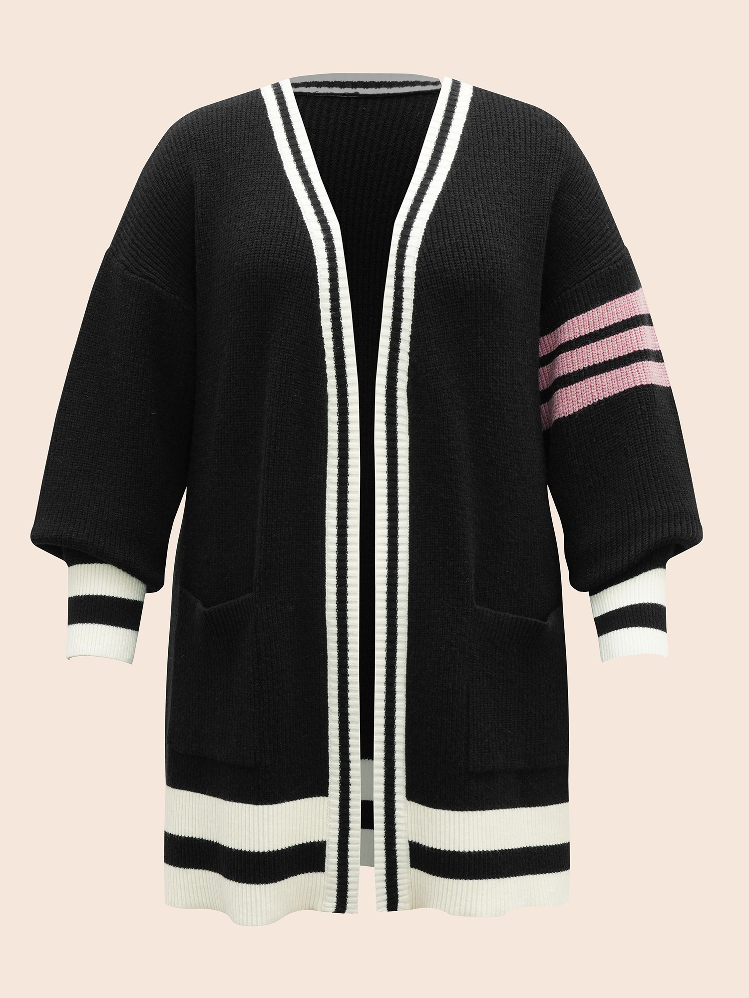 

Plus Size Contrast Striped Drop Shoulder Cardigan Black Women Casual Loose Long Sleeve Everyday Cardigans BloomChic