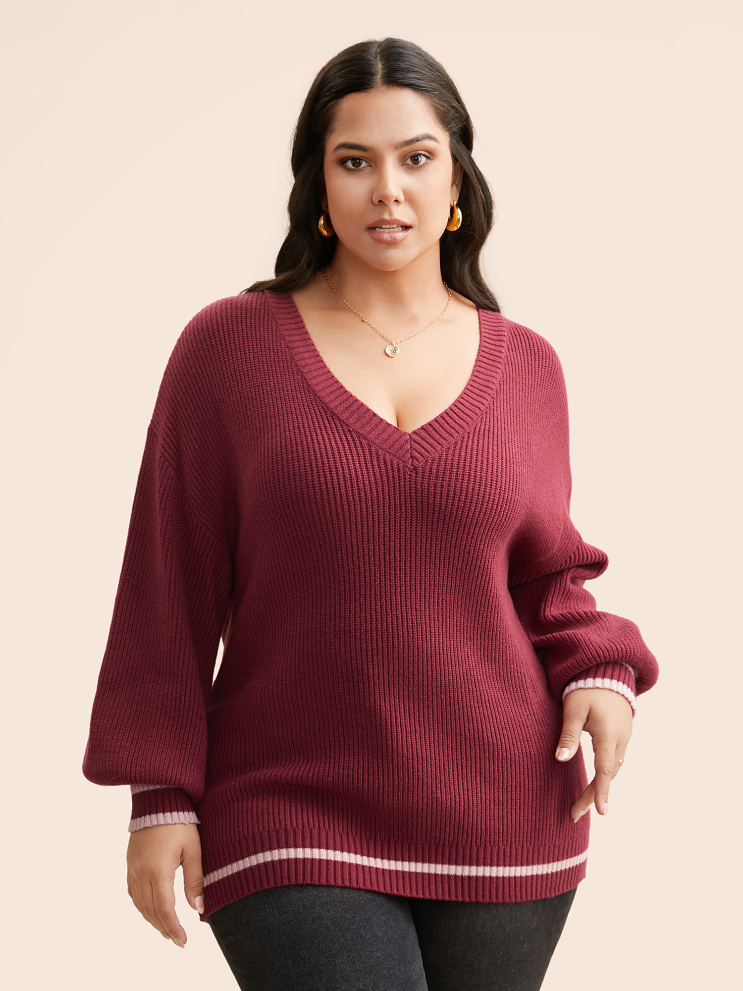 

Plus Size Supersoft Essentials V Neck Contrast Trim Pullover Burgundy Women Casual Long Sleeve V-neck Everyday Pullovers BloomChic